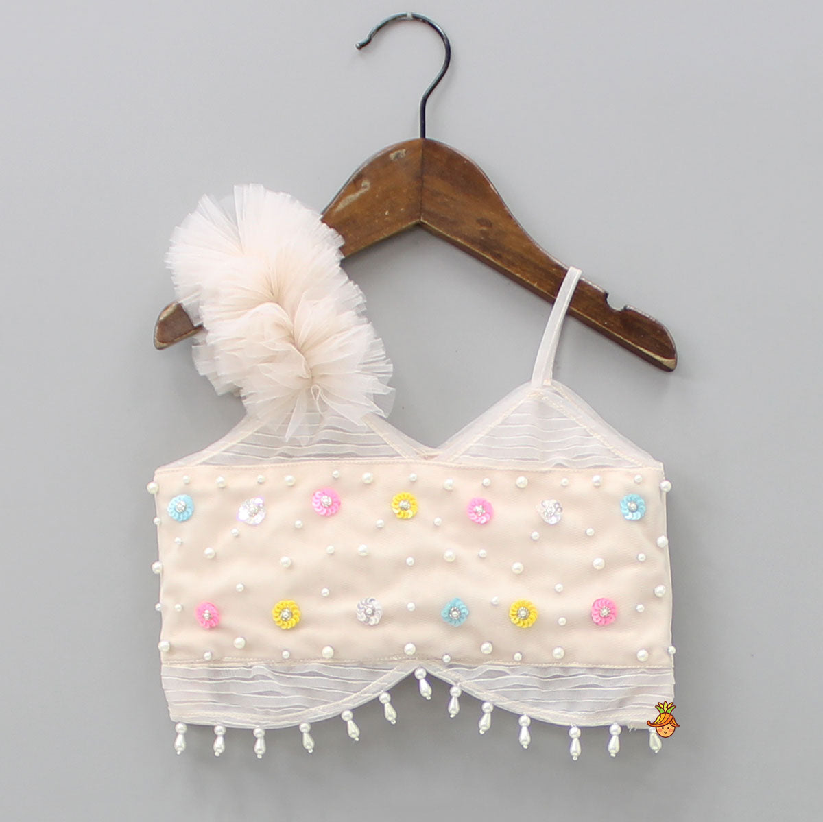 Spaghetti Straps Top And Net Embroidered Lehenga With Dual Tone Stylish Dupatta