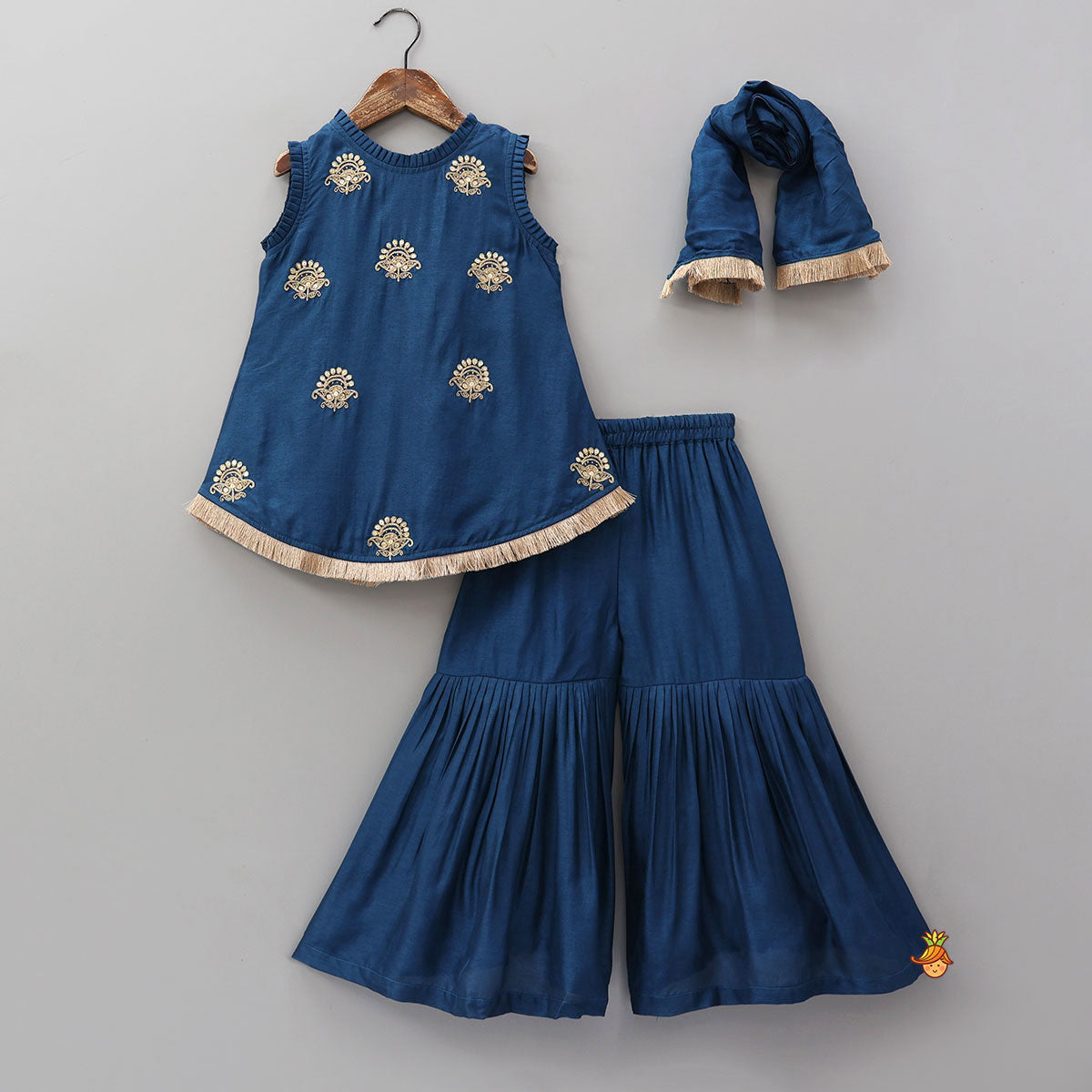 Pleat Detailed Zari Embroidered Kurti With Sharara And Dupatta