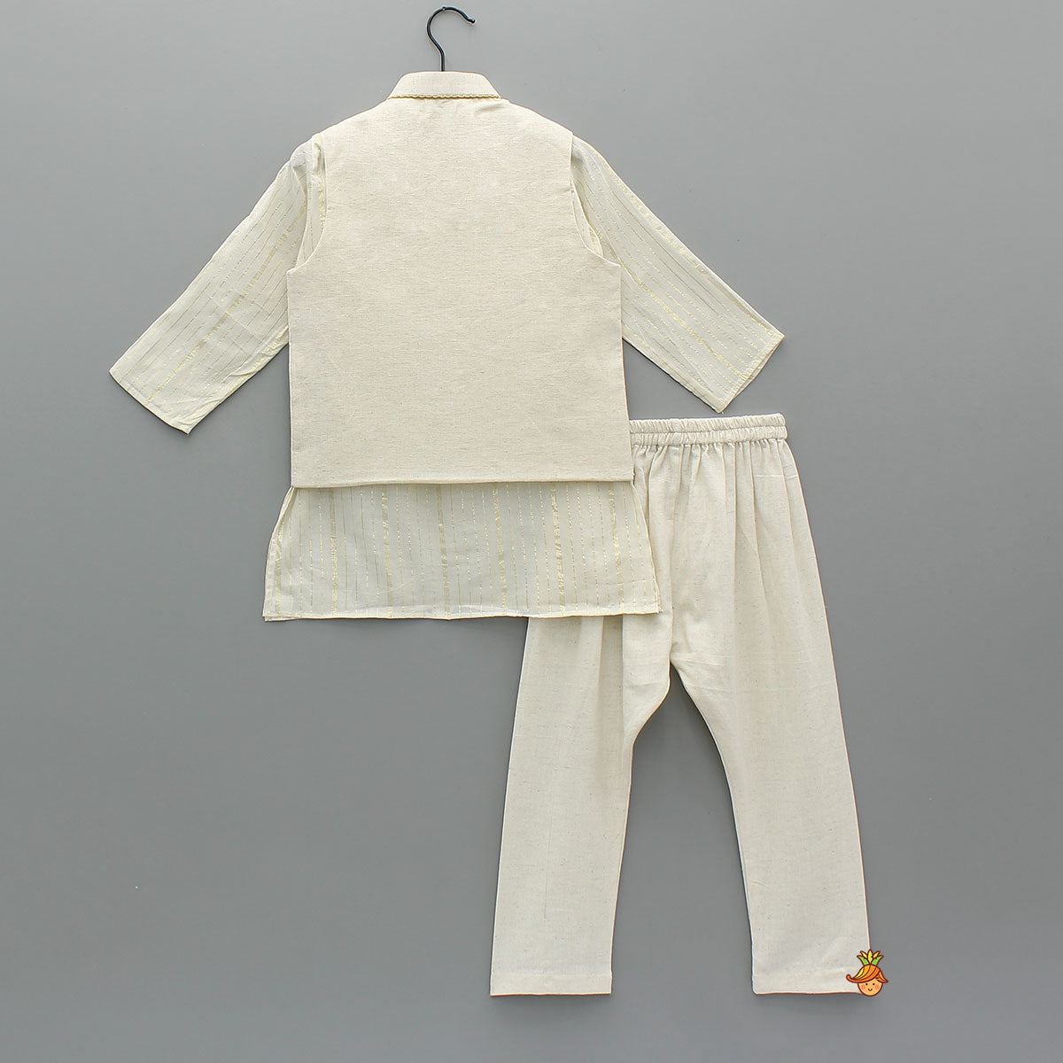 Lurex-Striped Kurta With Gota Leaf Work Jacket And Churidar