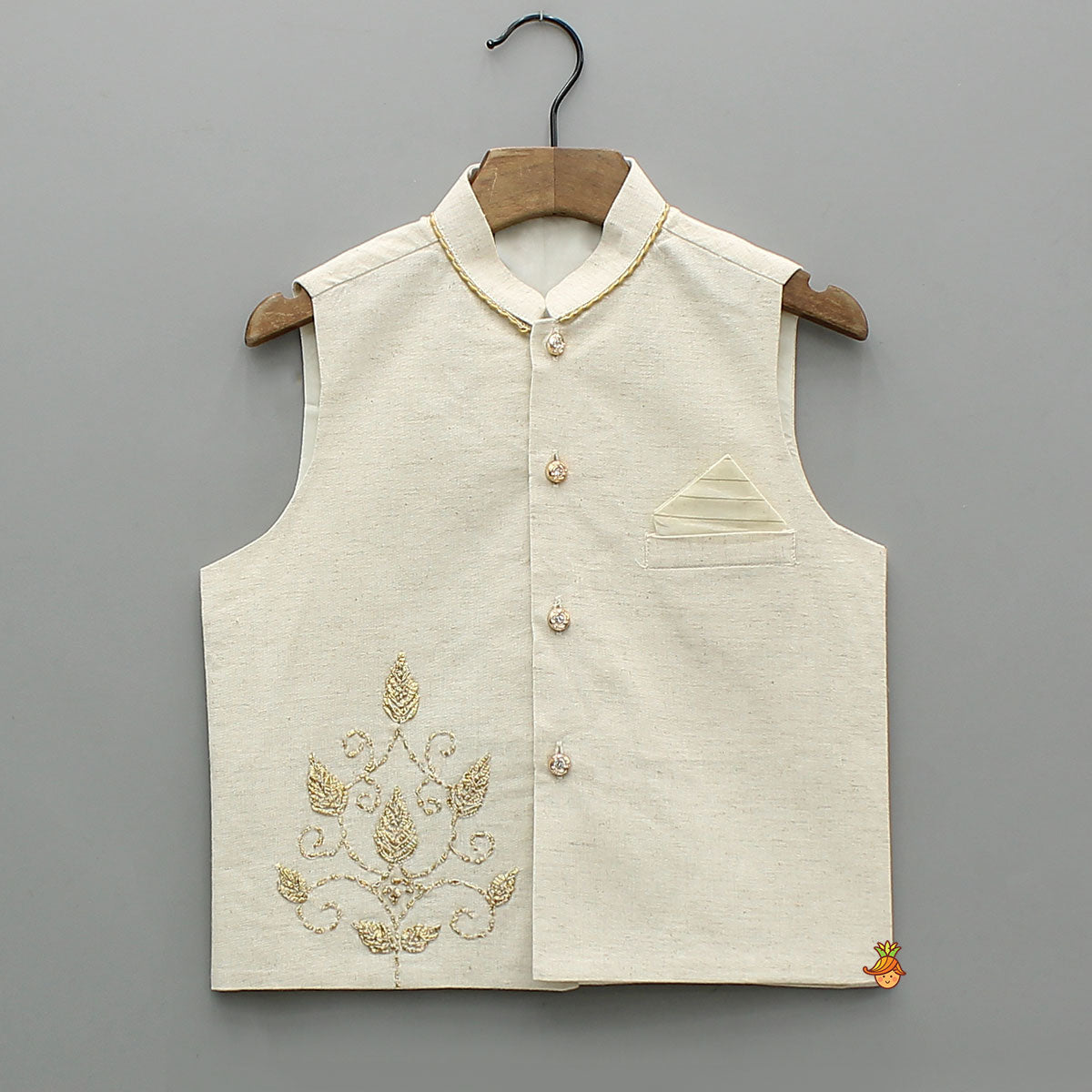 Lurex-Striped Kurta With Gota Leaf Work Jacket And Churidar