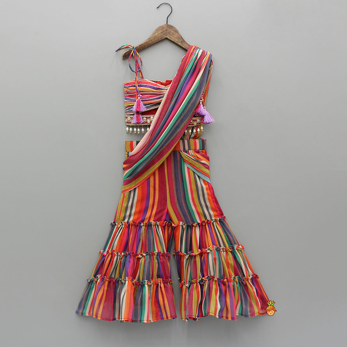 Gorgeous Striped Top With Tiered Sharara And Attached Drape Dupatta