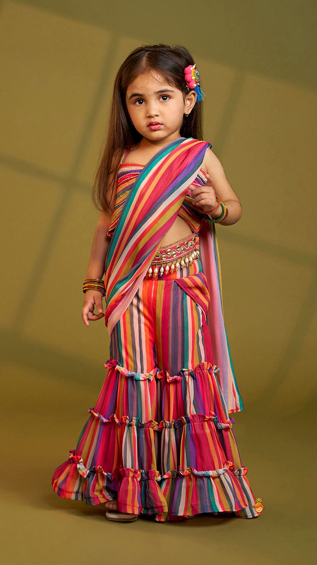 Gorgeous Striped Top With Tiered Sharara And Attached Drape Dupatta