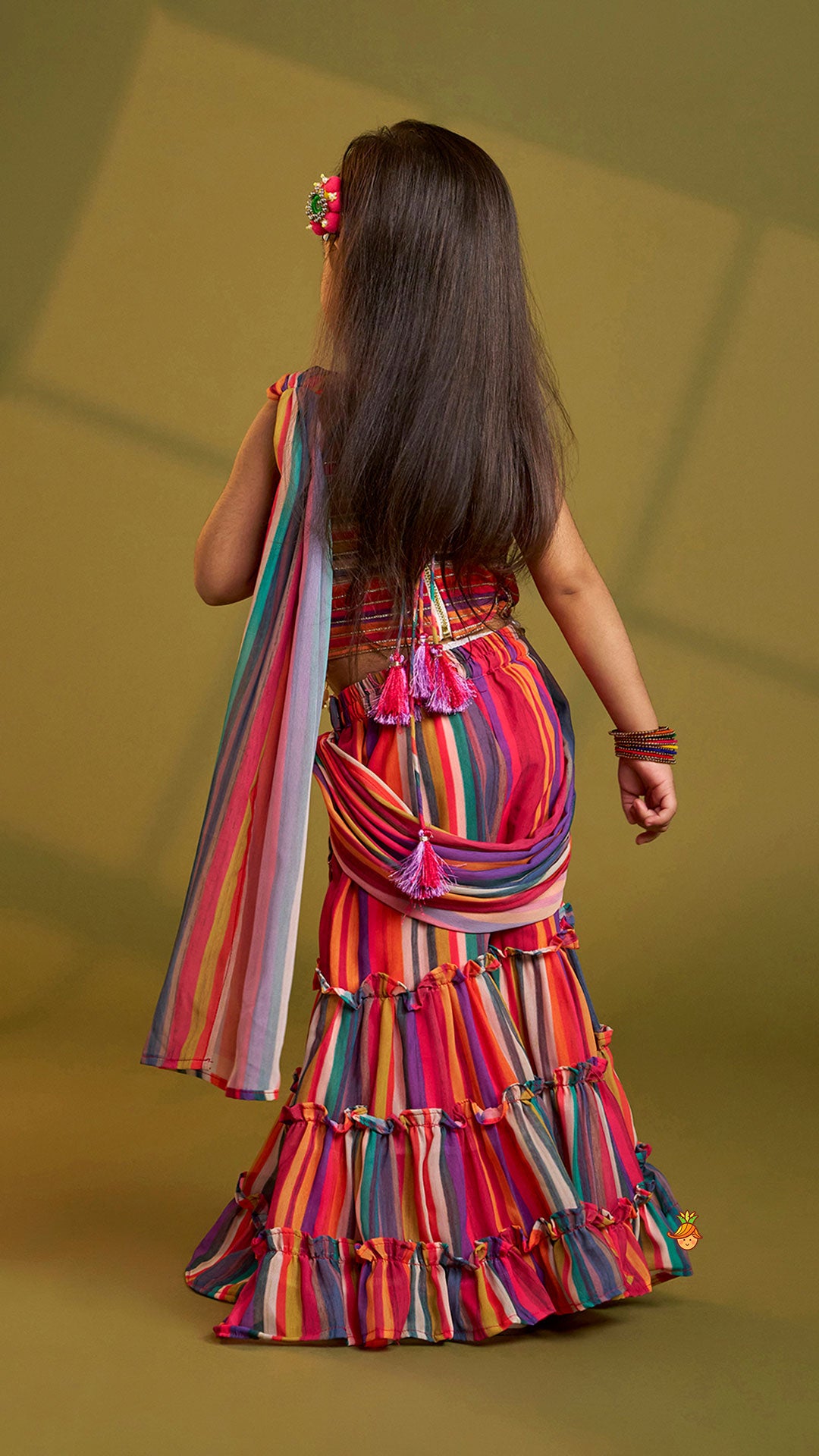 Gorgeous Striped Top With Tiered Sharara And Attached Drape Dupatta