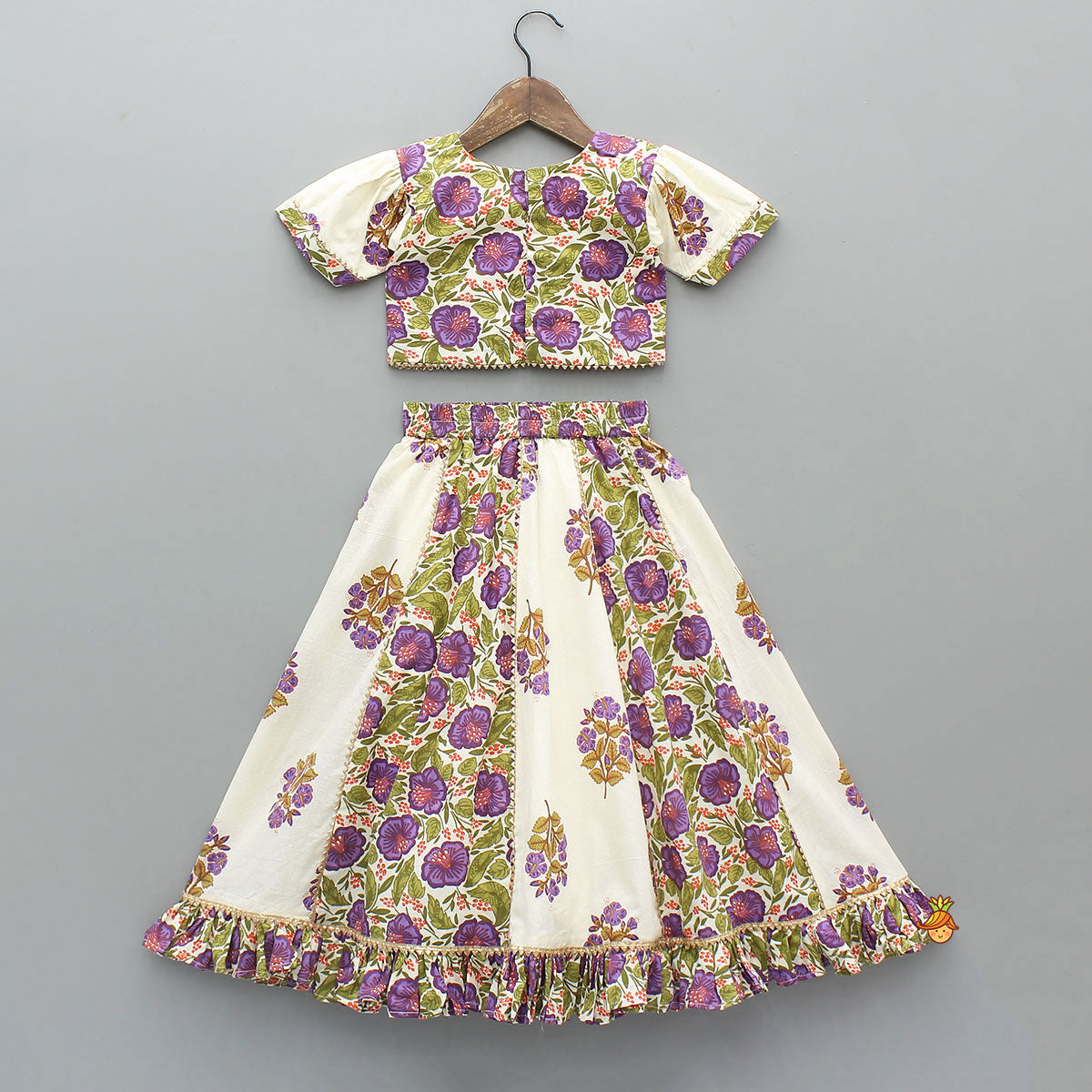 Checked Gota Lace Detailed Yoke Top And Floral Printed Lehenga With Matching Dupatta