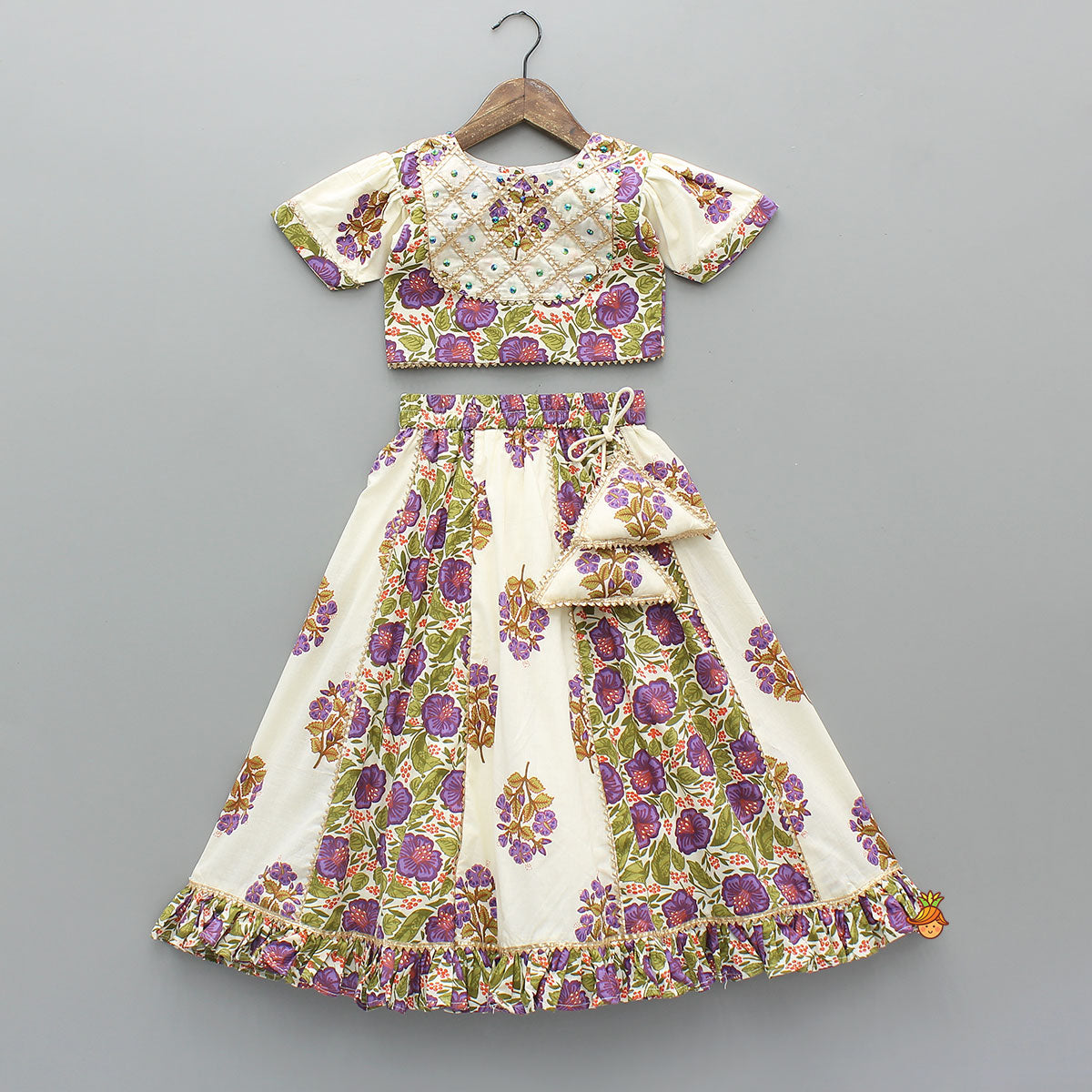 Checked Gota Lace Detailed Yoke Top And Floral Printed Lehenga With Matching Dupatta