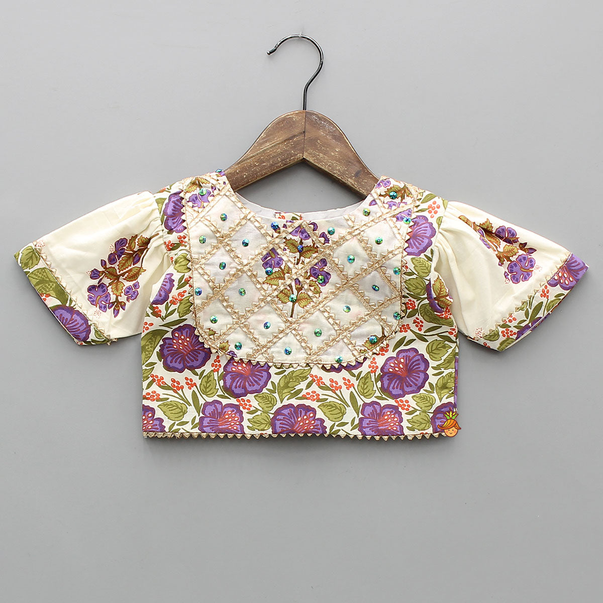 Checked Gota Lace Detailed Yoke Top And Floral Printed Lehenga With Matching Dupatta