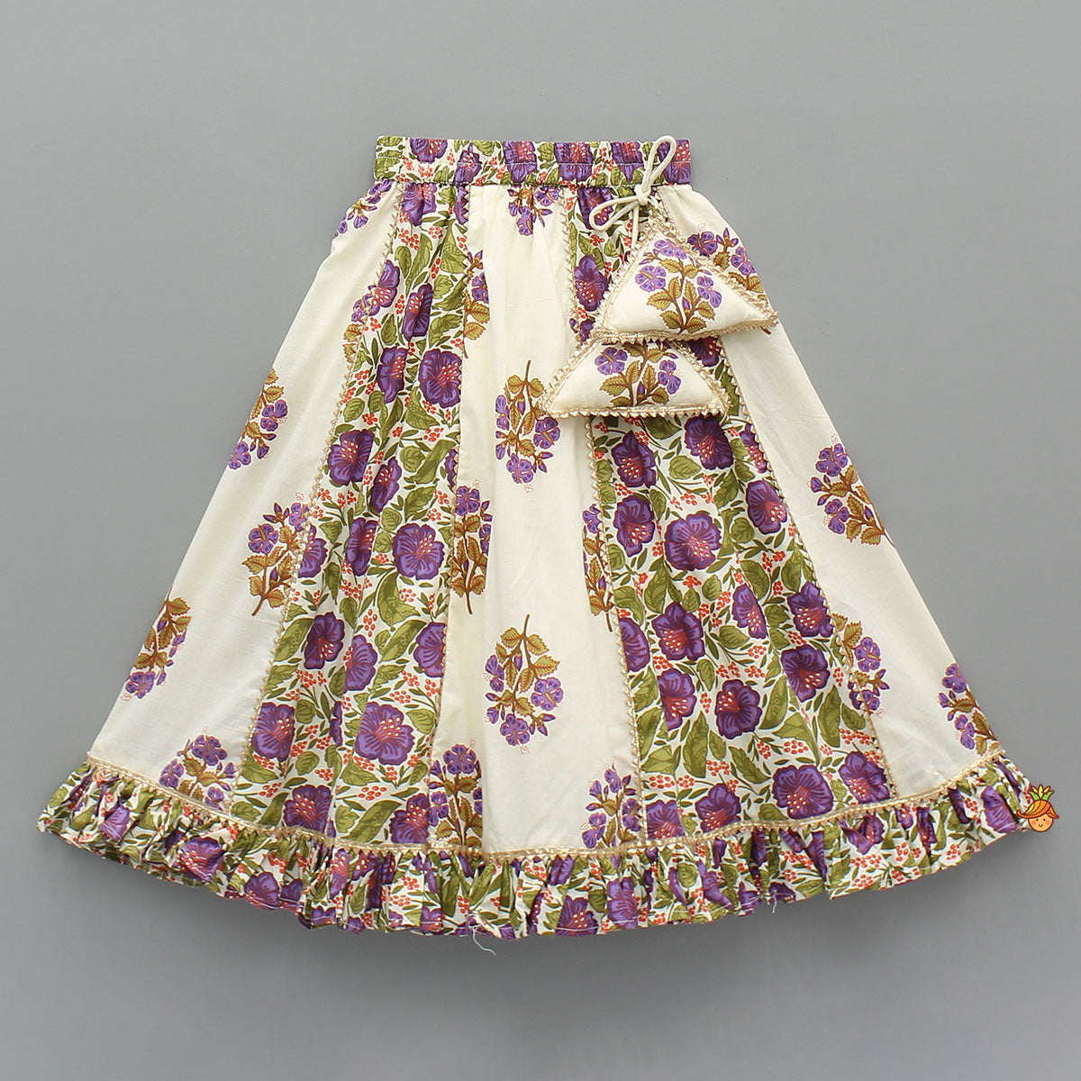 Checked Gota Lace Detailed Yoke Top And Floral Printed Lehenga With Matching Dupatta