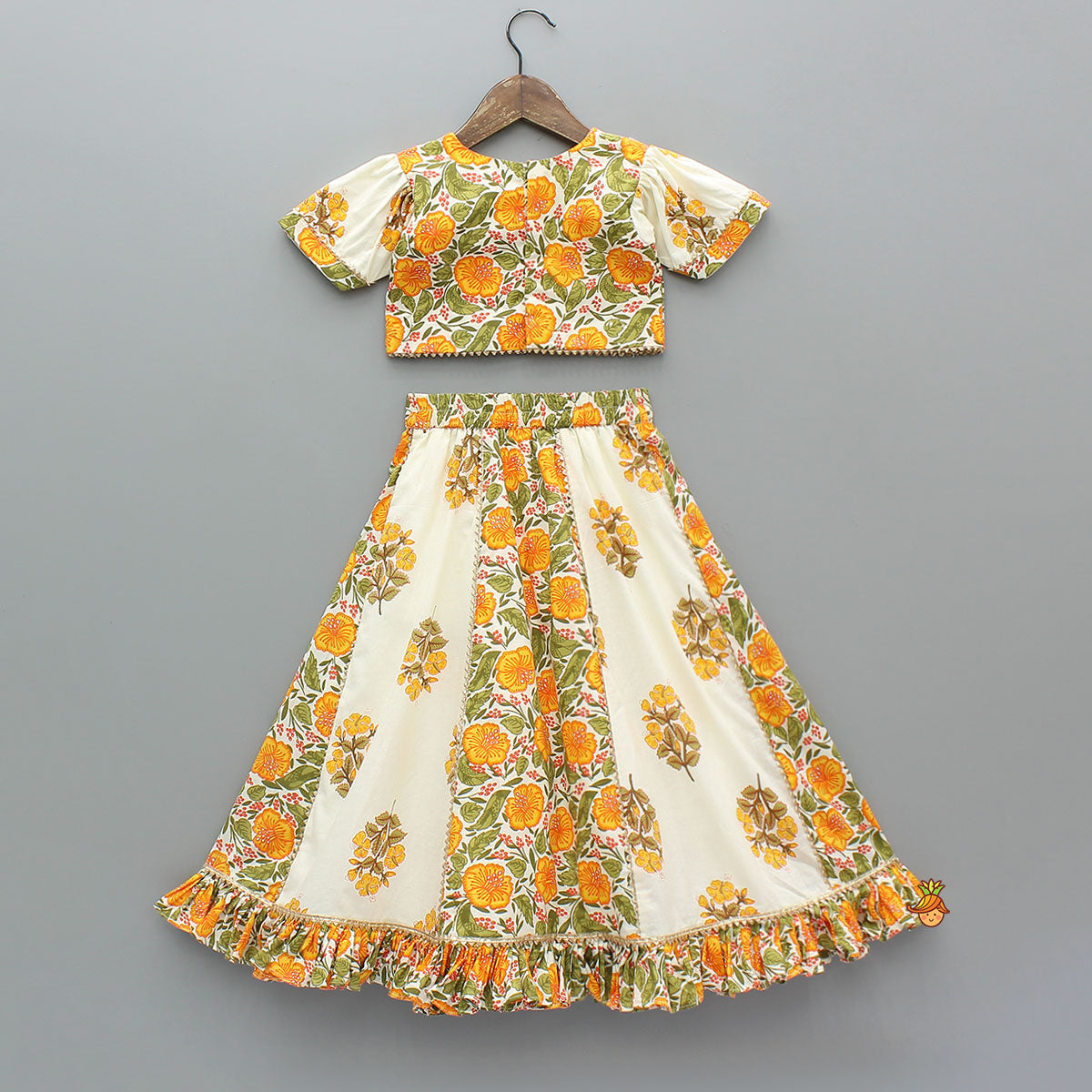 Checks Gota Work Yoke Top And Floral Printed Lehenga With Matching Dupatta