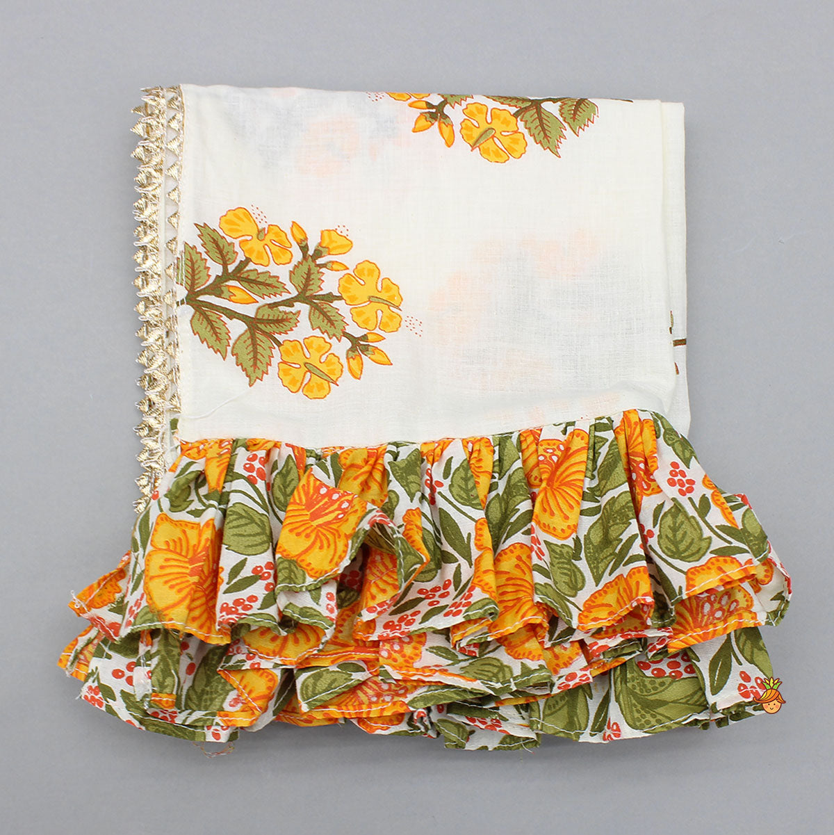 Checks Gota Work Yoke Top And Floral Printed Lehenga With Matching Dupatta