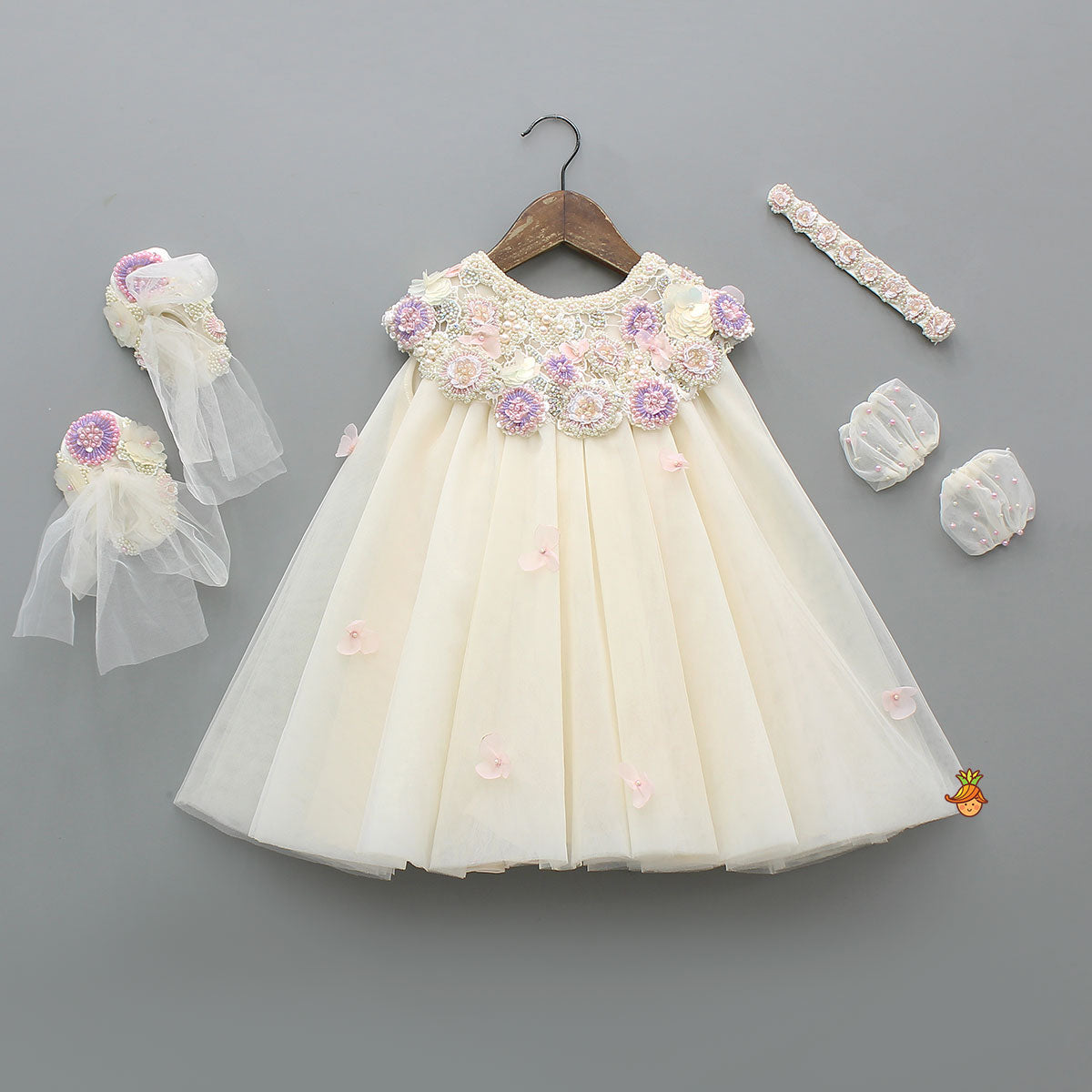 Yoke Embellished Flared Dress With Headband And Matching Booties With Mittens