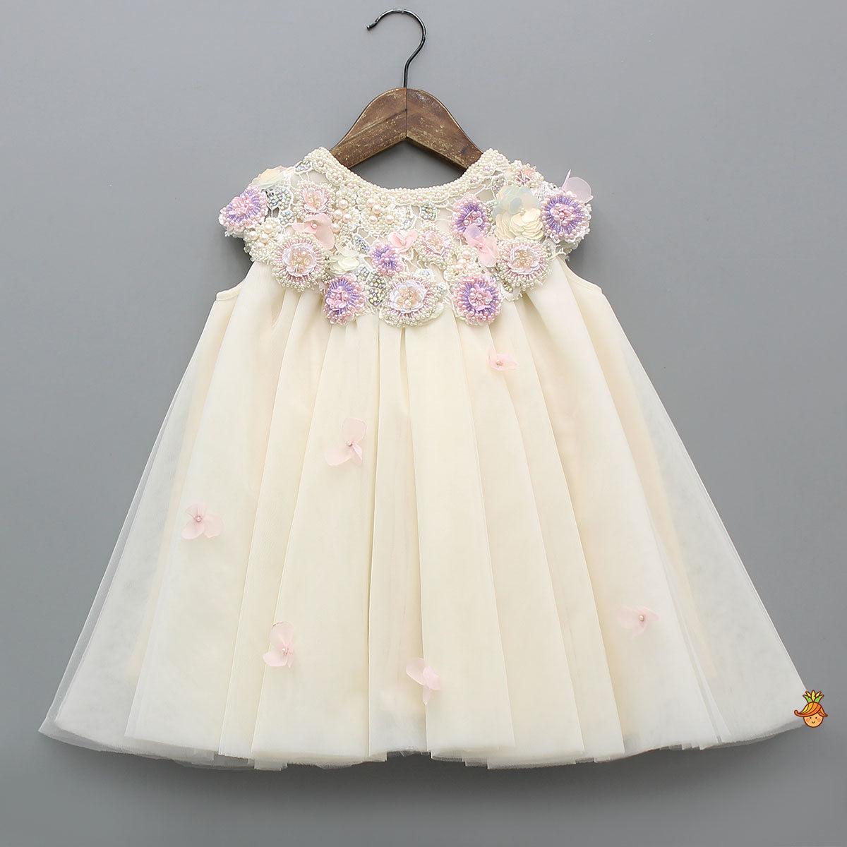 Yoke Embellished Flared Dress With Headband And Matching Booties With Mittens