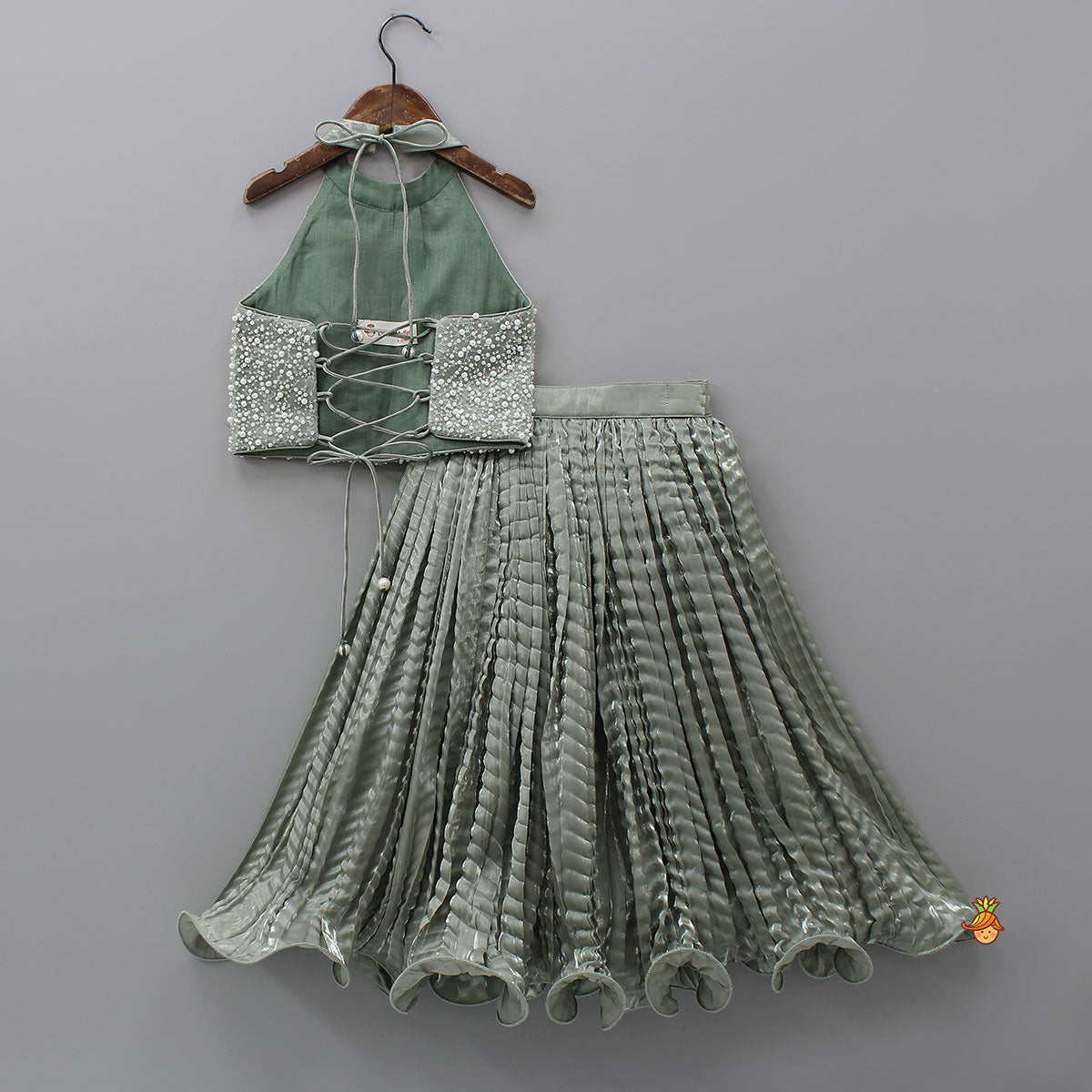 Gorgeous Open-Back Top And Crushed Lehenga With Wrist Cuff