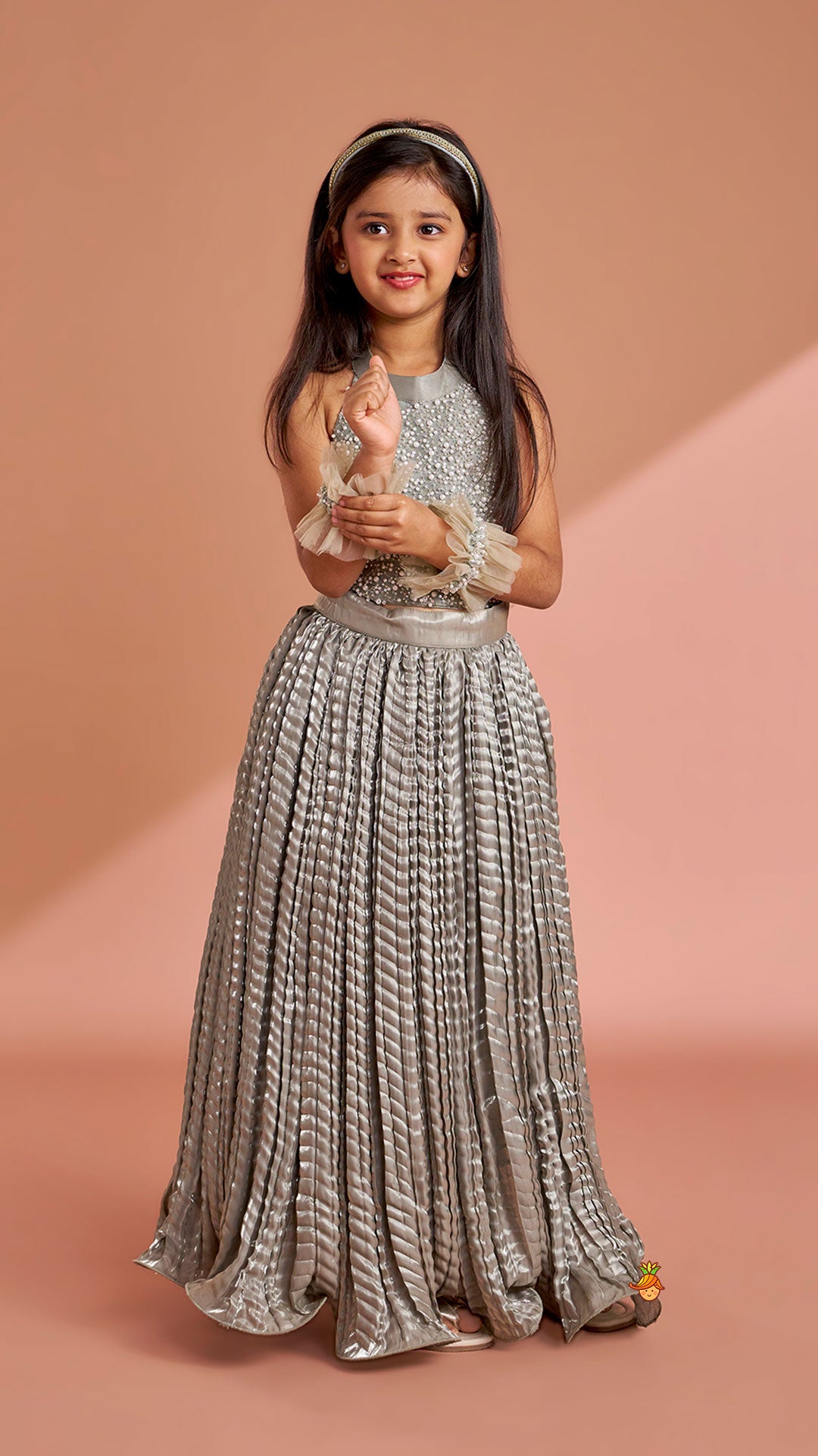 Gorgeous Open-Back Top And Crushed Lehenga With Wrist Cuff