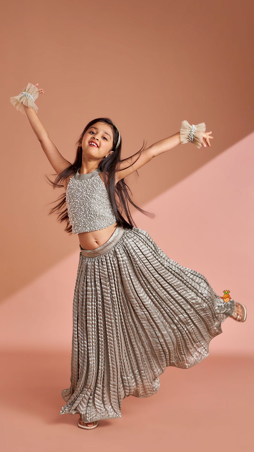 Gorgeous Open-Back Top And Crushed Lehenga With Wrist Cuff