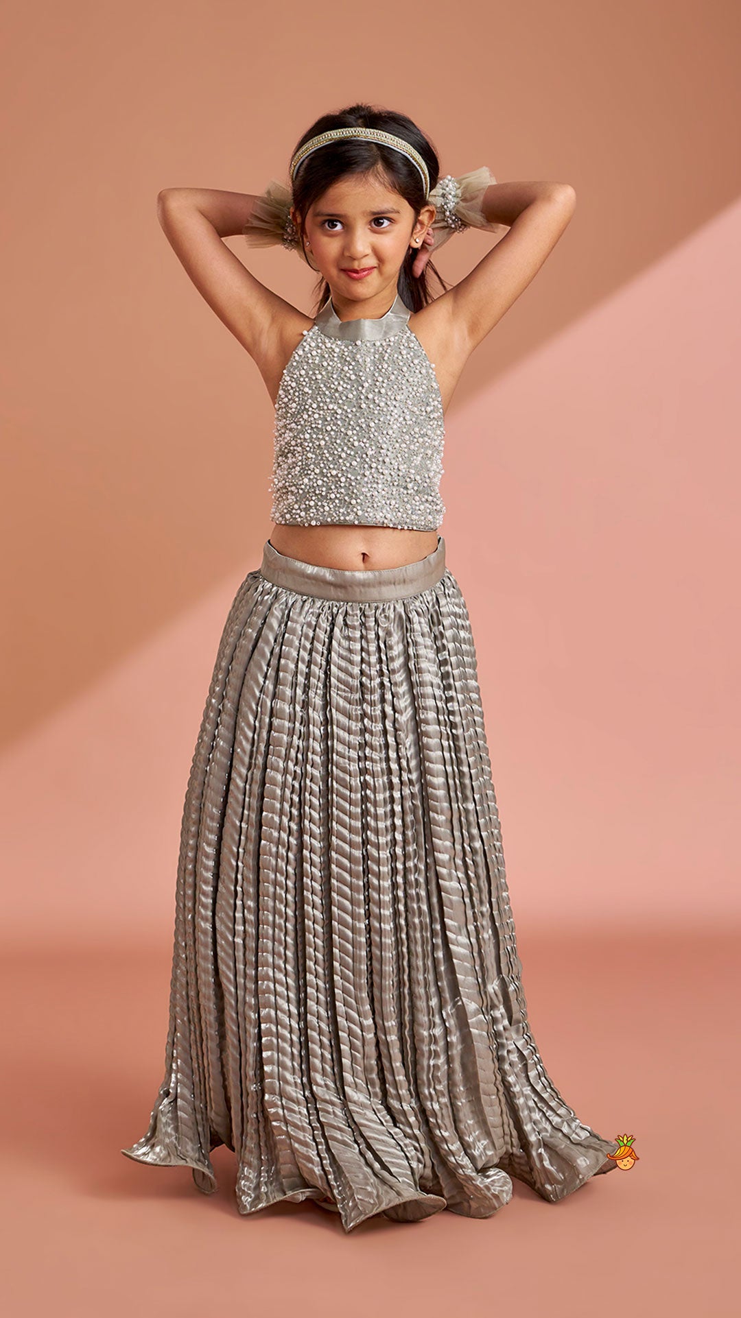 Gorgeous Open-Back Top And Crushed Lehenga With Wrist Cuff