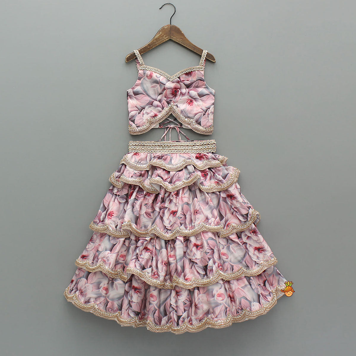 Printed Strappy Top And Graceful Layered Lehenga