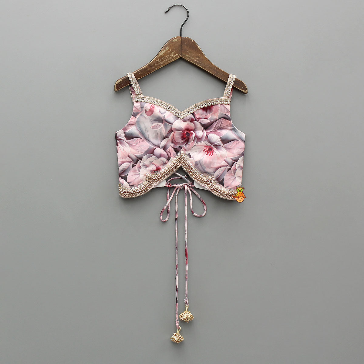 Printed Strappy Top And Graceful Layered Lehenga