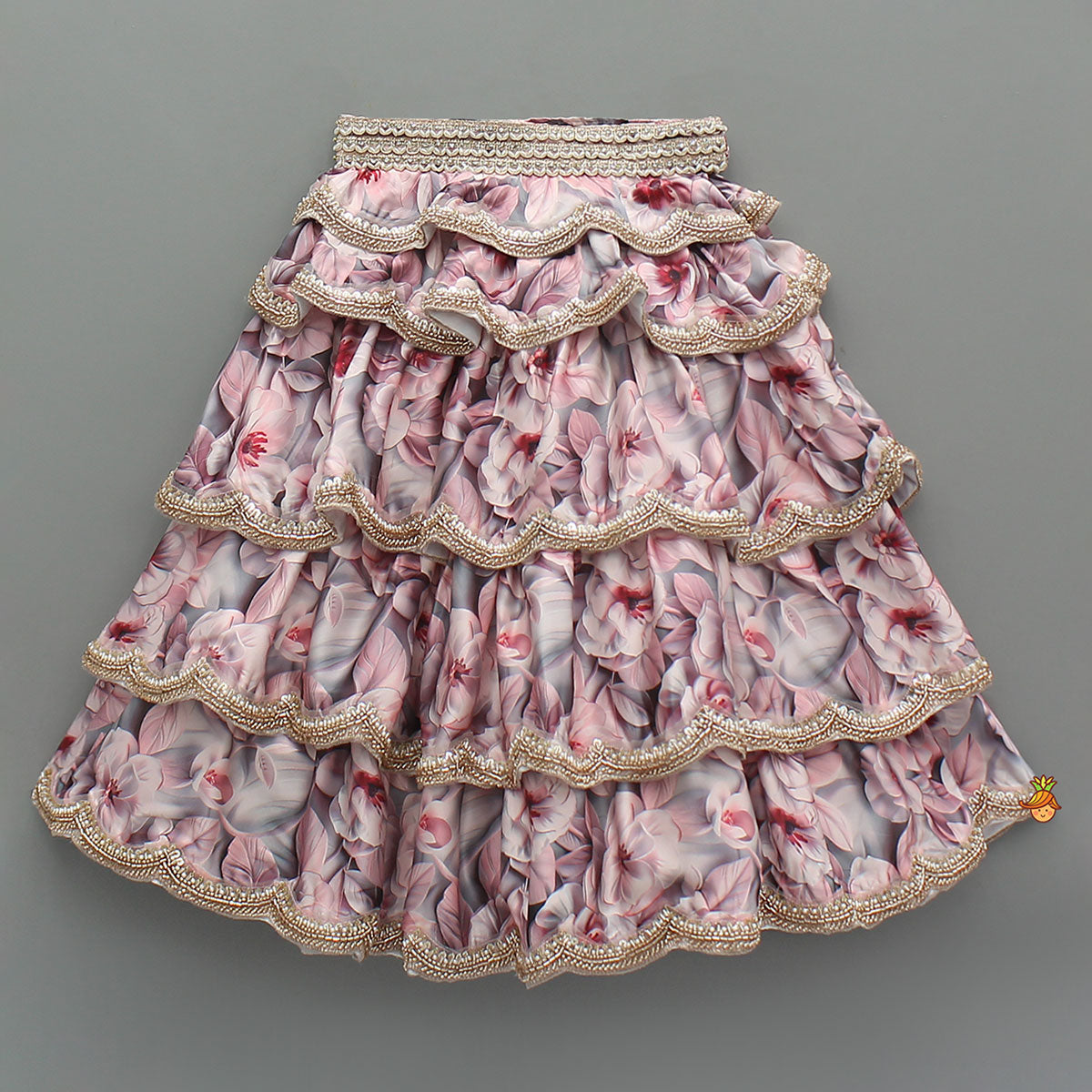 Printed Strappy Top And Graceful Layered Lehenga