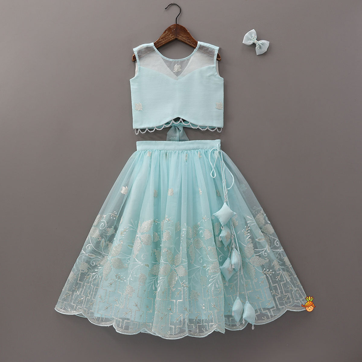Organza Crop Top And Lehenga With Bow Hair Clip
