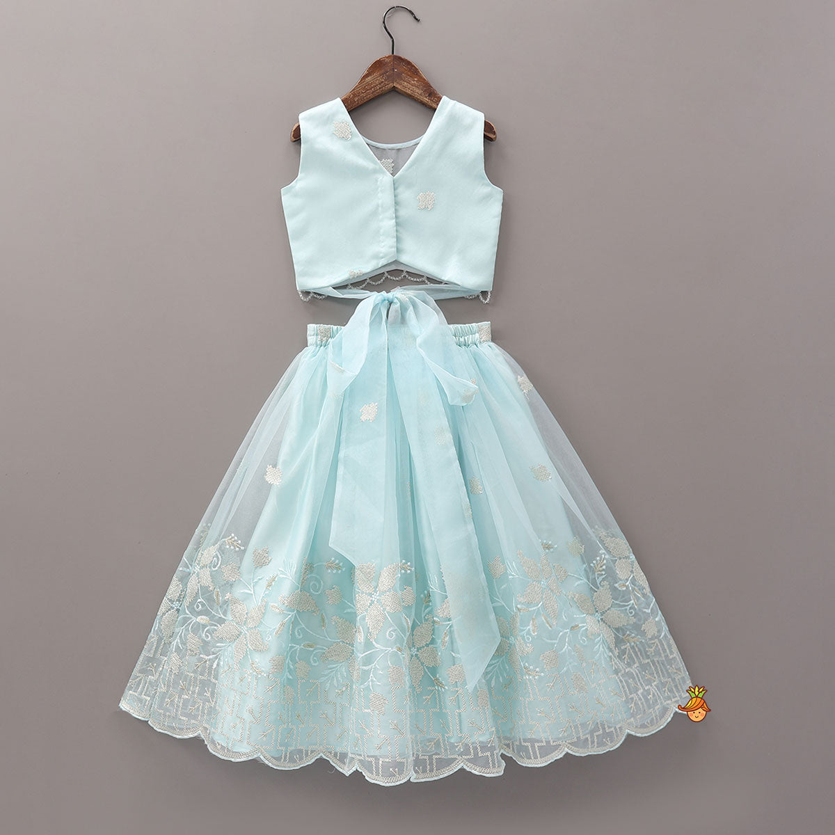 Organza Crop Top And Lehenga With Bow Hair Clip
