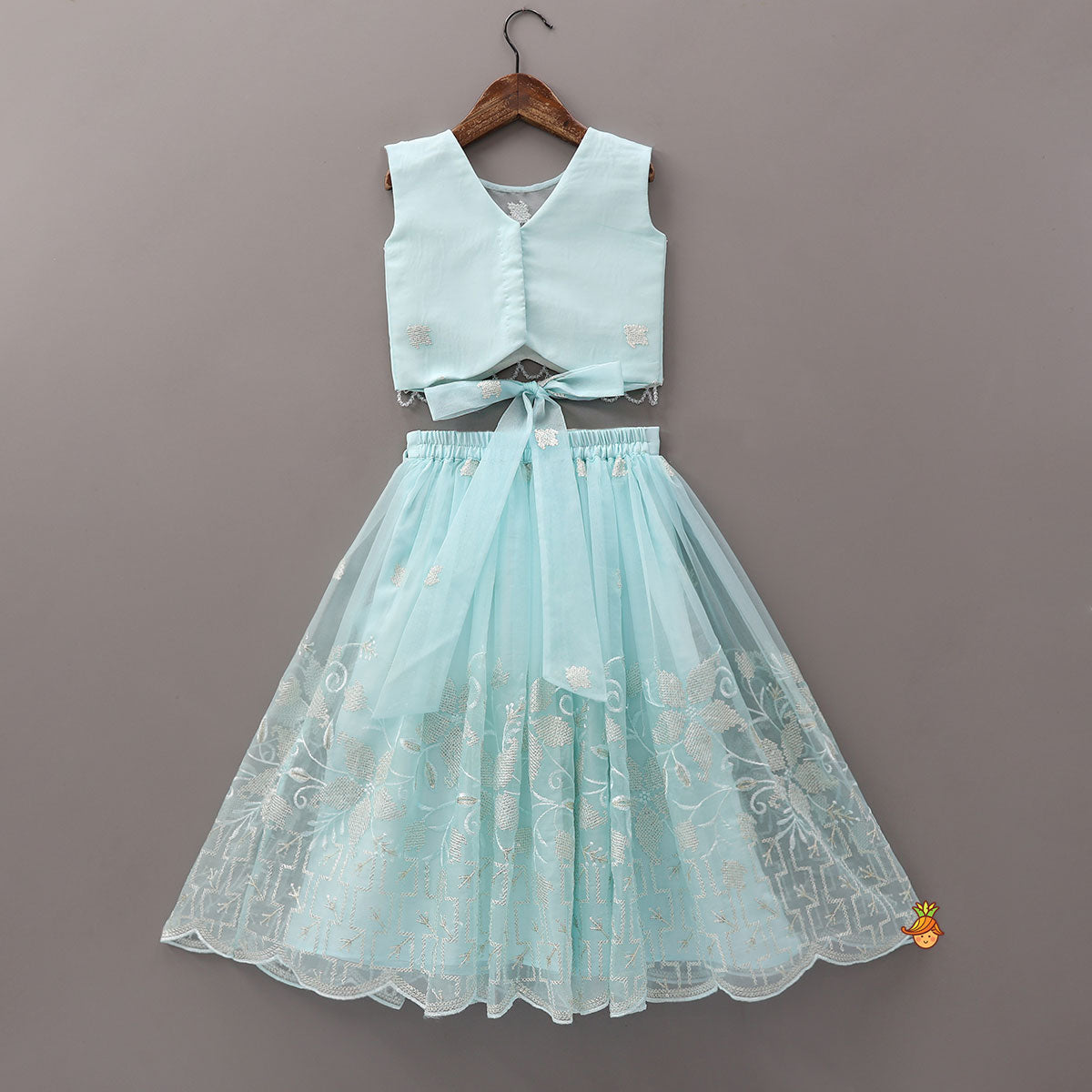 Organza Crop Top And Lehenga With Bow Hair Clip