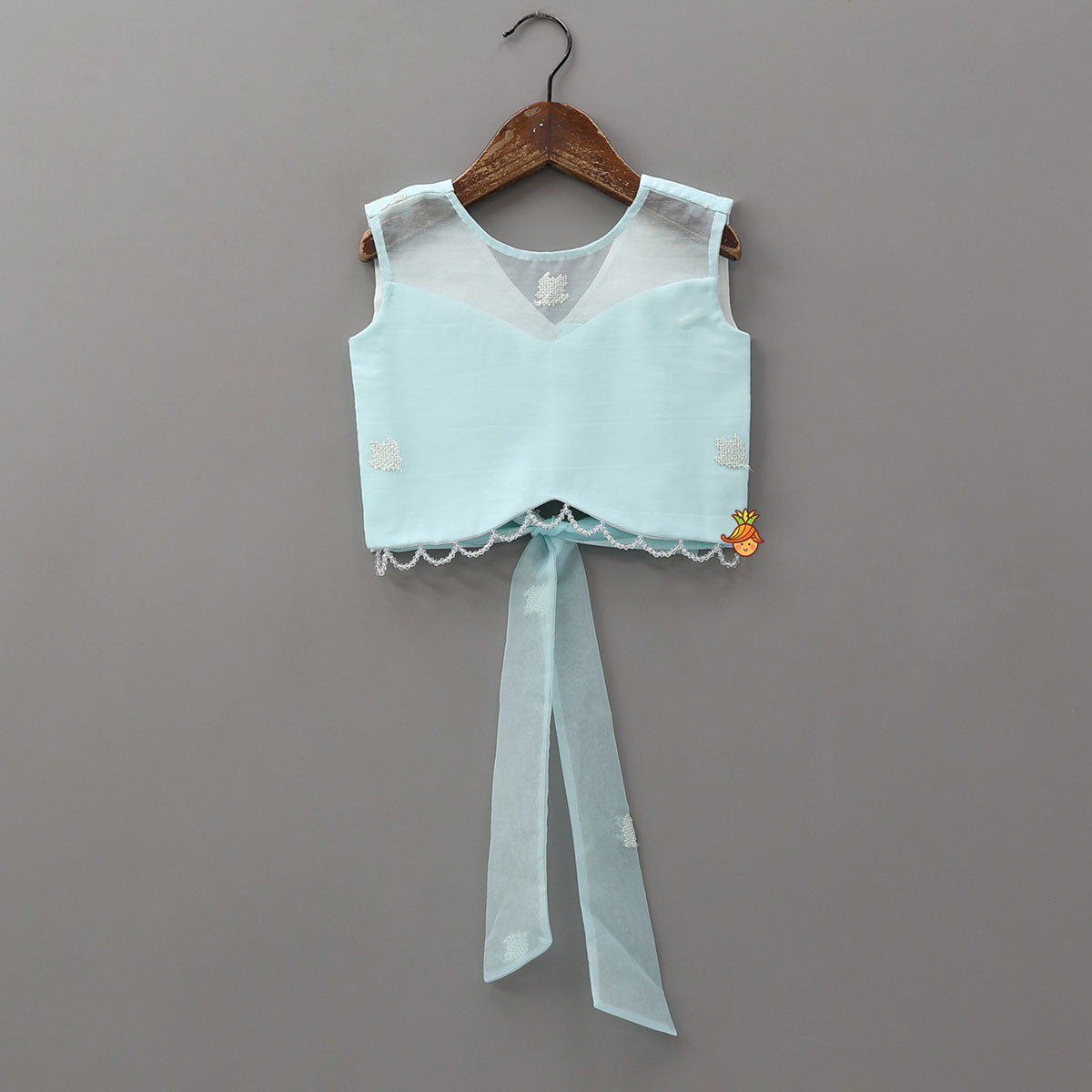 Organza Crop Top And Lehenga With Bow Hair Clip