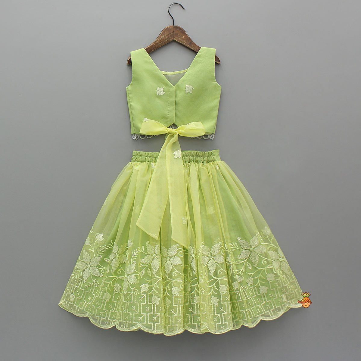 Organza Top And Lehenga With Bow Hair Clip