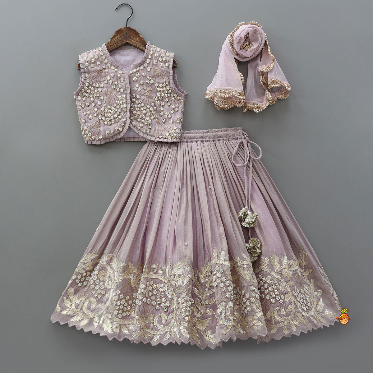 Embroidered Stylish Hem Shimmery Top And Pleated Lehenga With Net Dupatta