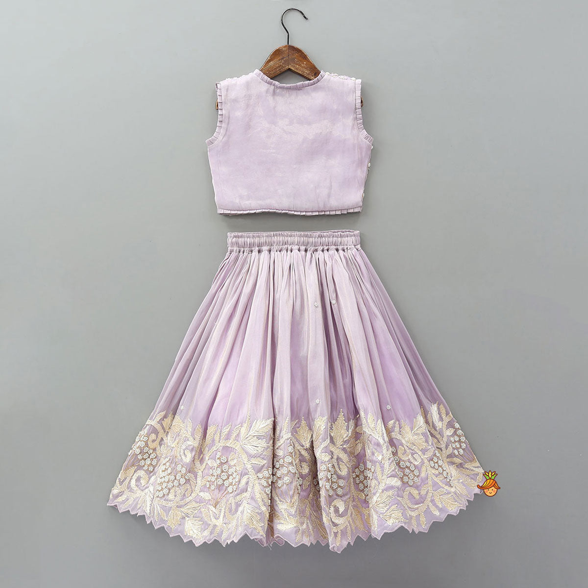 Embroidered Stylish Hem Shimmery Top And Pleated Lehenga With Net Dupatta