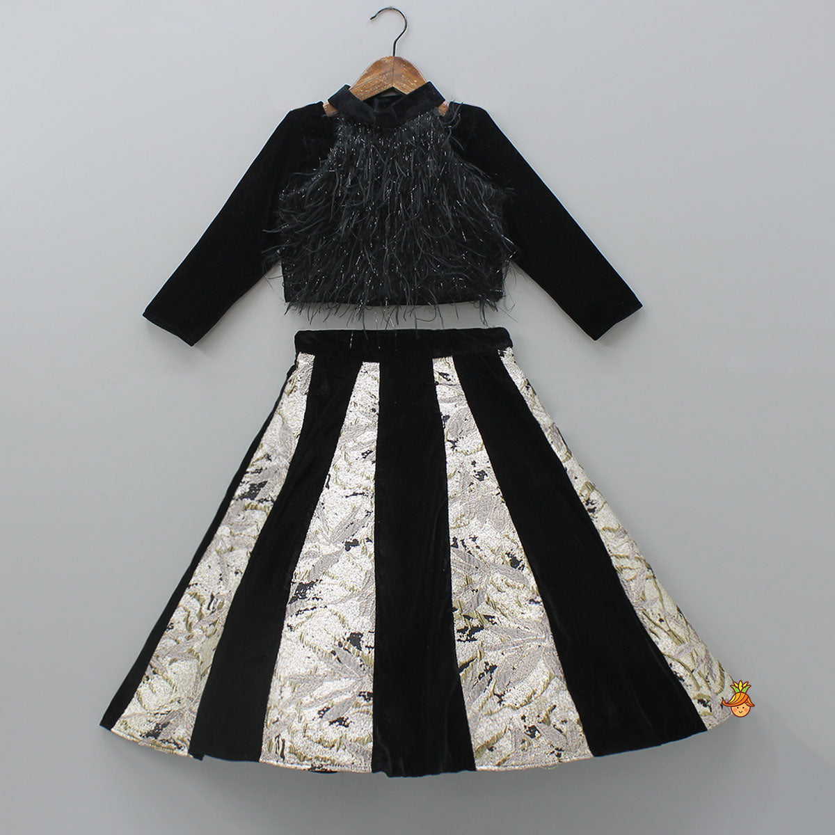 Elegant Velvet Inner Top With Halter Neck Fur Top And Gorgeous Dual-Tone Panelled Lehenga