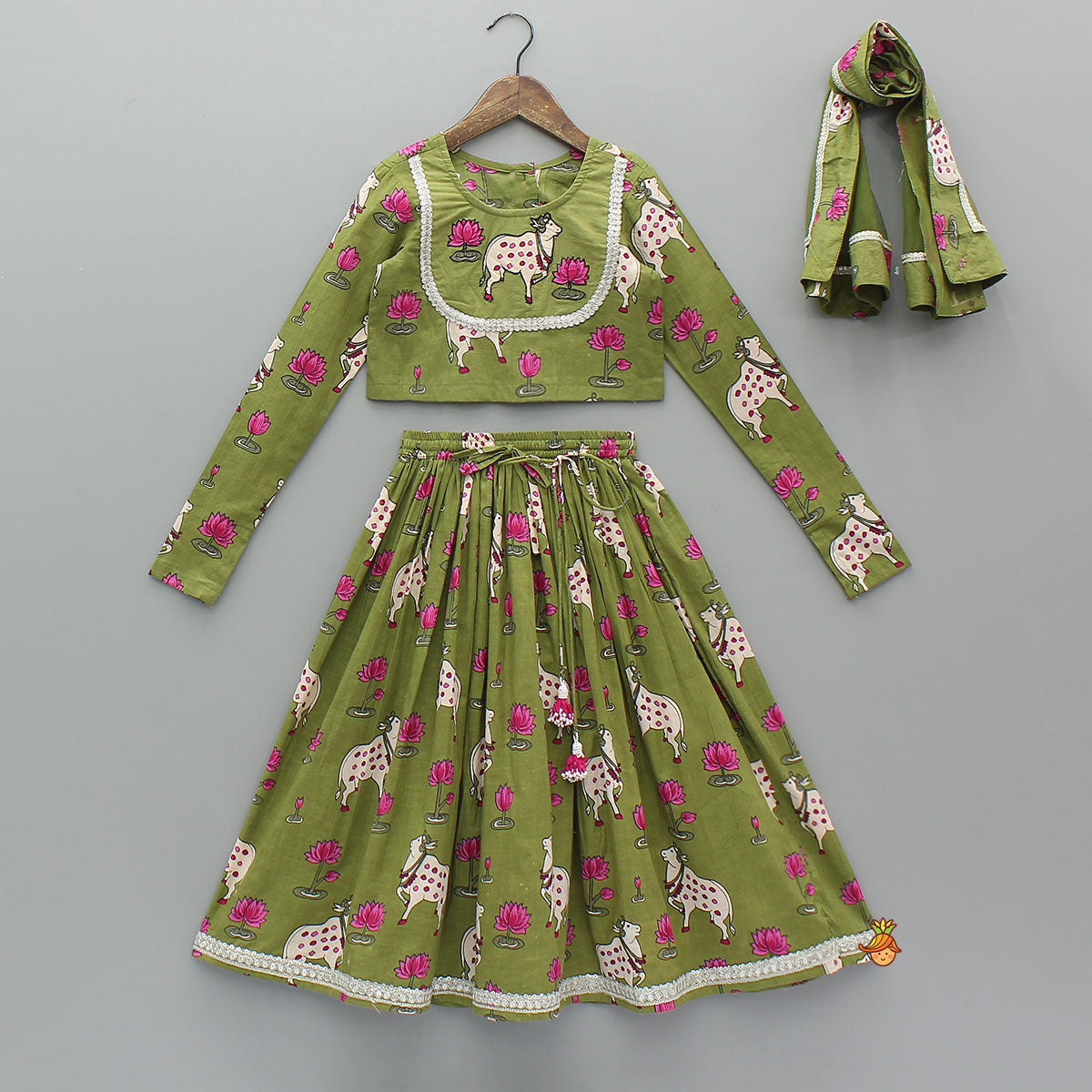 Round Neck Printed Top With Matching Lehenga And Dupatta