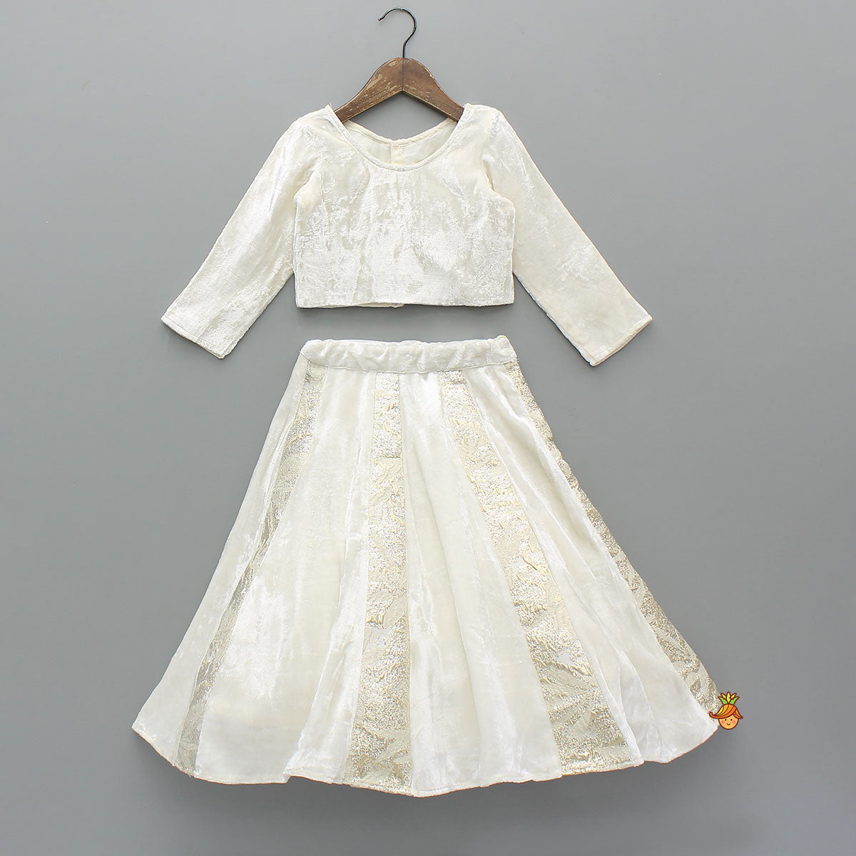 Velvet Inner Top With Halter Neck Fur Top And Gorgeous Dual-Tone Panelled Lehenga