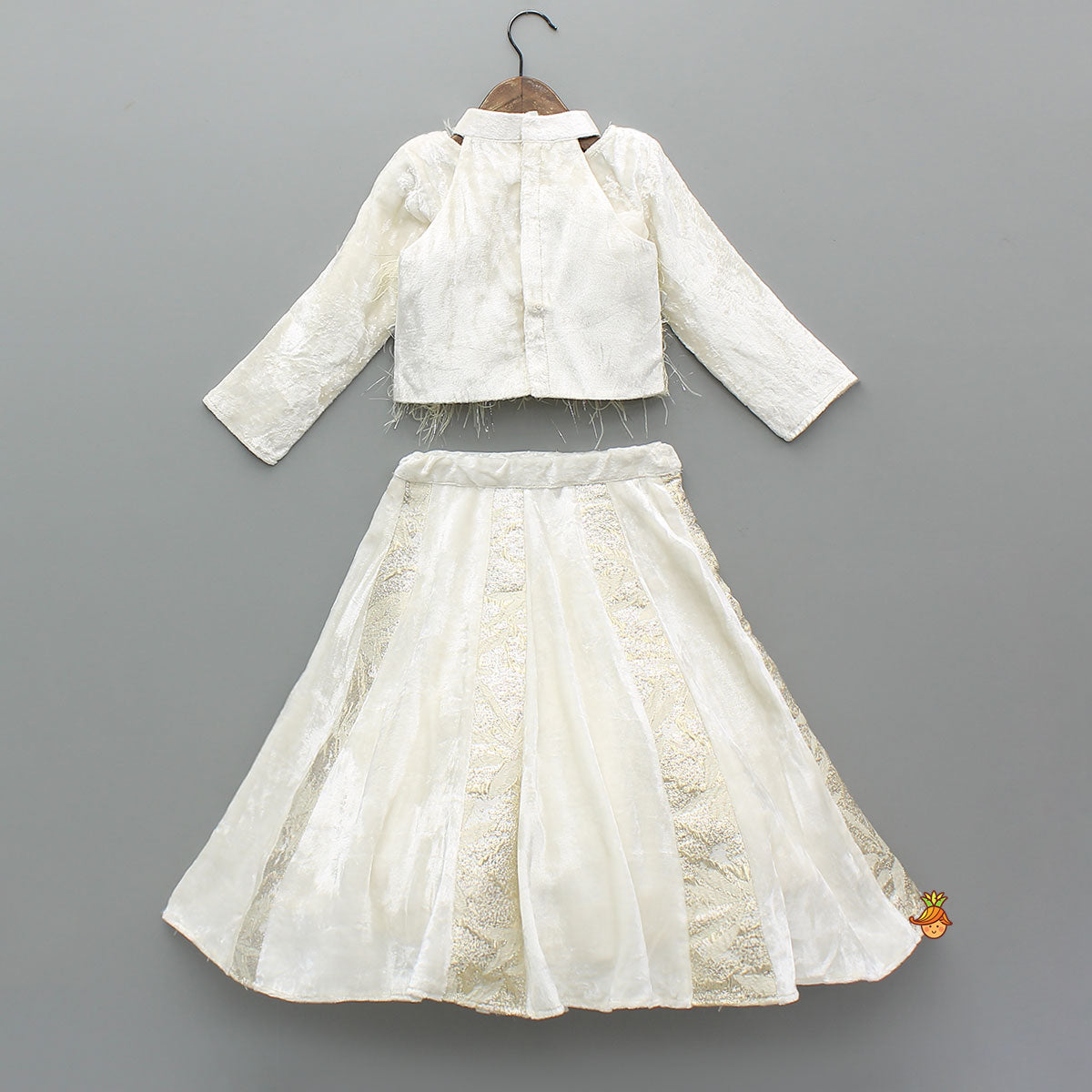 Velvet Inner Top With Halter Neck Fur Top And Gorgeous Dual-Tone Panelled Lehenga