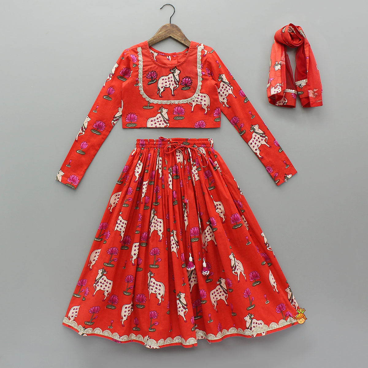 Lotus Printed Ethnic Top With Matching Lehenga And Dupatta