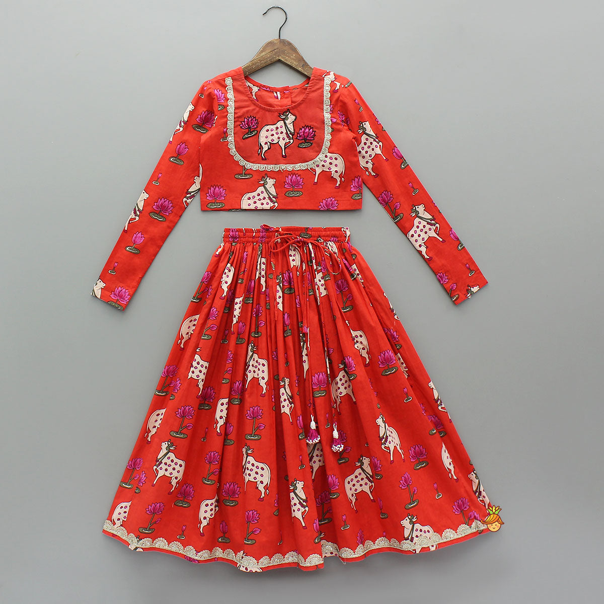 Lotus Printed Ethnic Top With Matching Lehenga And Dupatta