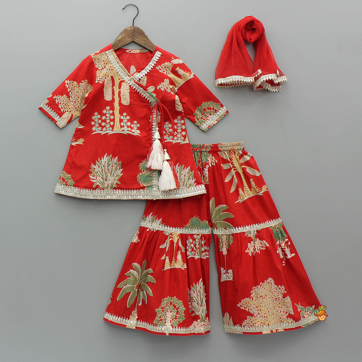 Trees Printed Graceful Kurti And Sharara With Net Dupatta