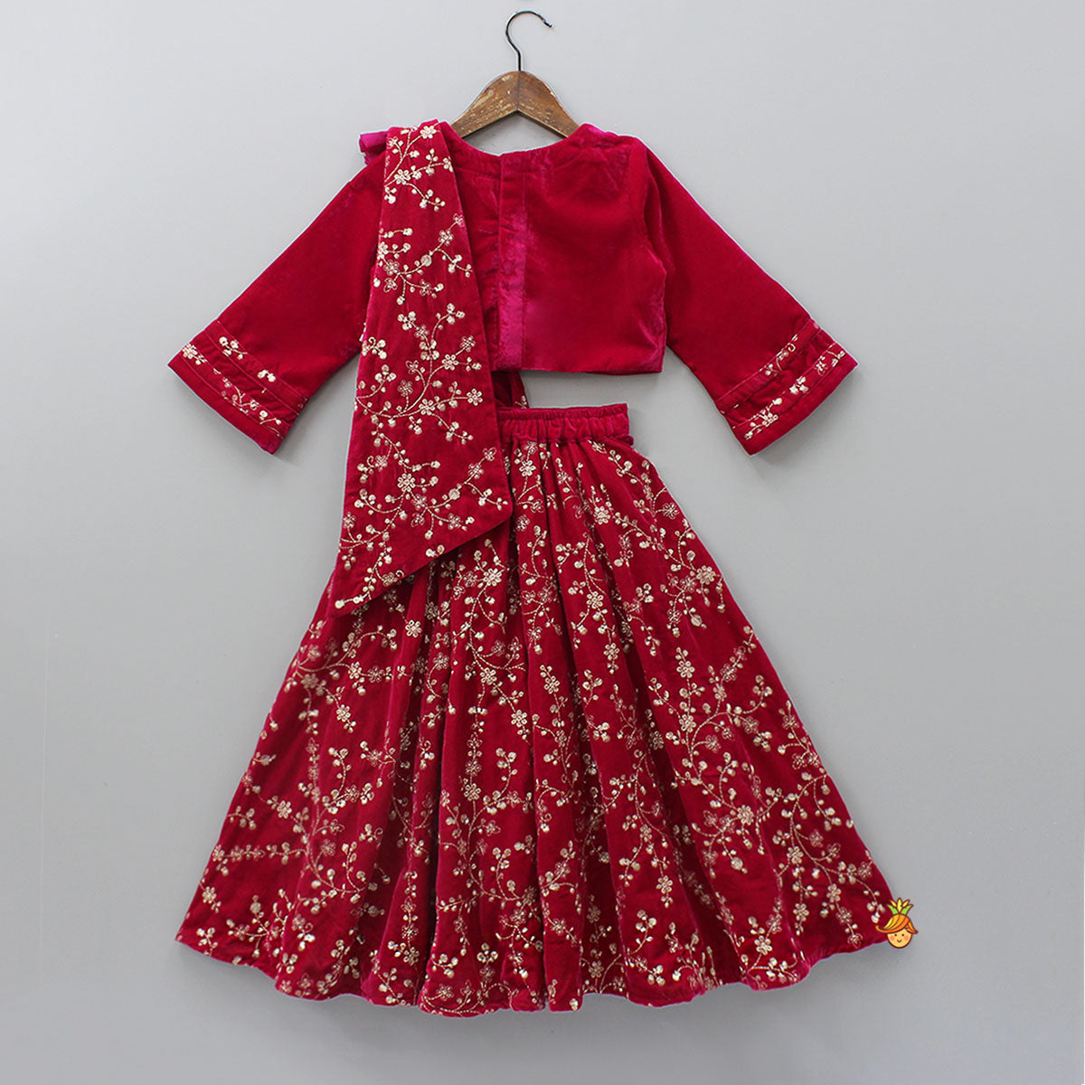 Velvet Top With Zari-Embroidered Lehenga And Attached Dupatta