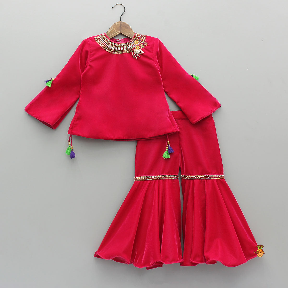 Contrasting Fringes Detailed Velvet Top With Sharara