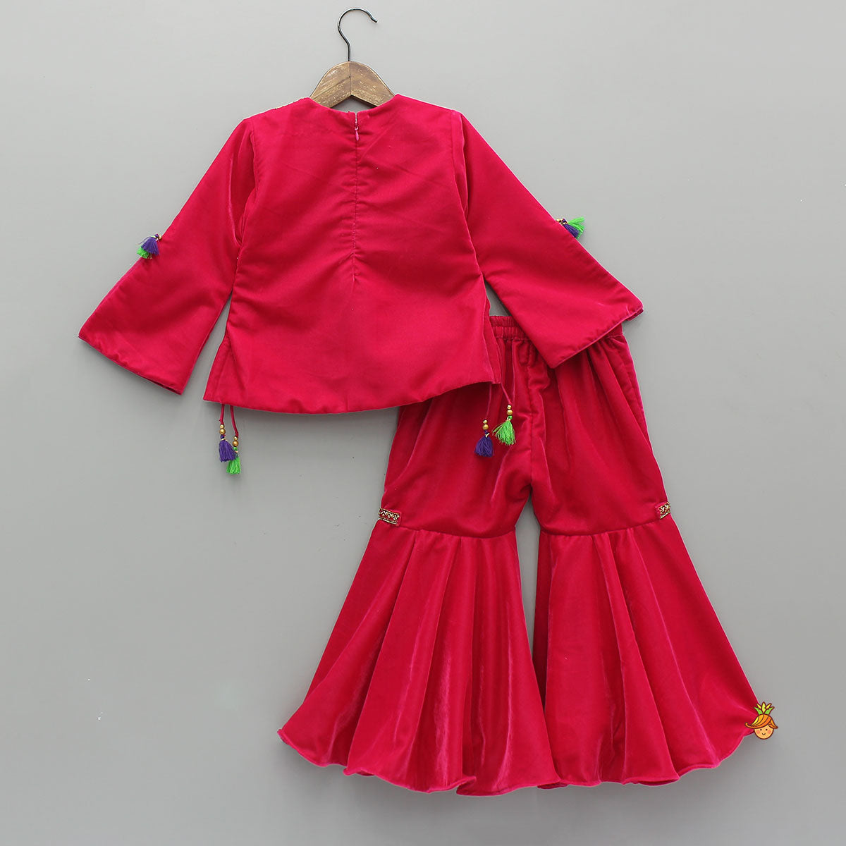 Contrasting Fringes Detailed Velvet Top With Sharara