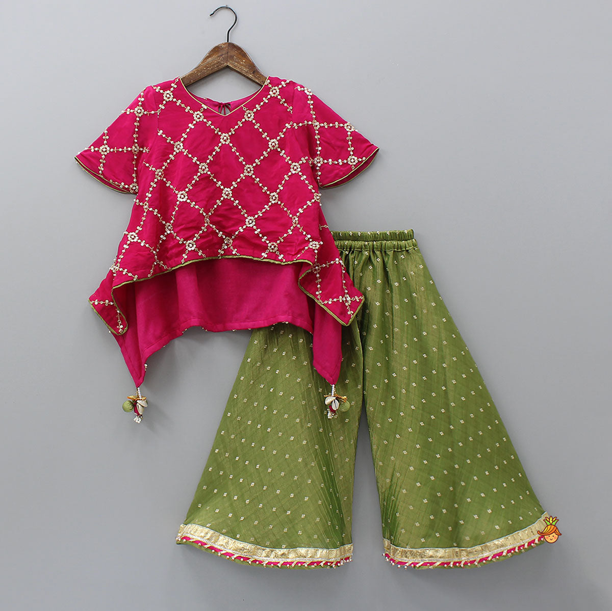 High-Low Checked Embroidered Top With Palazzo