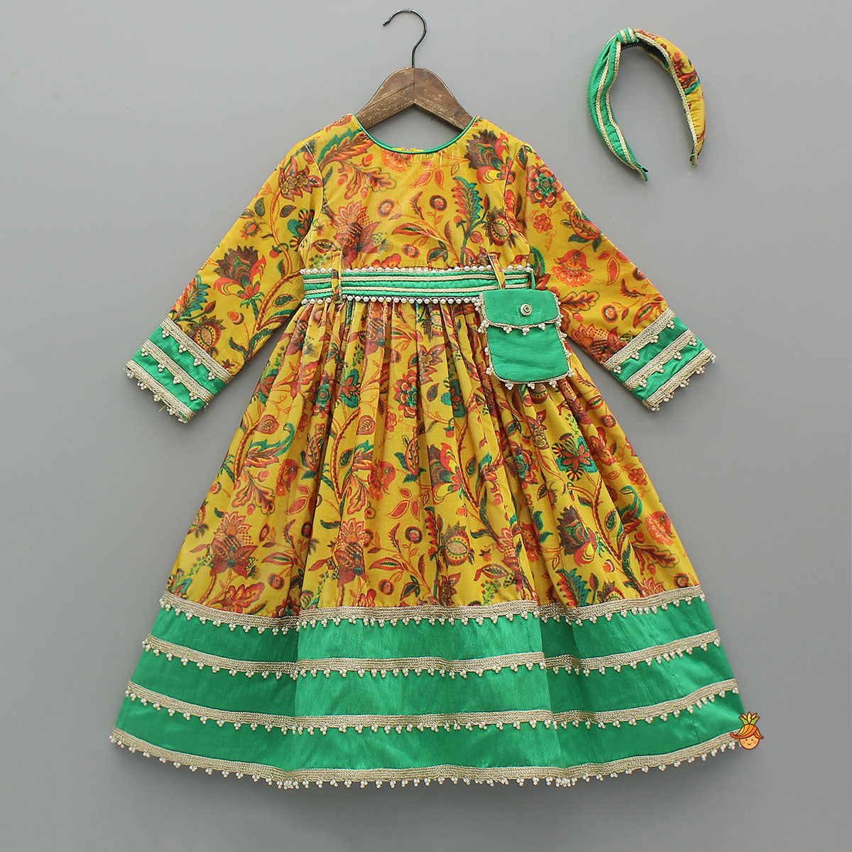 Printed Velvet Anarkali With Embroidered Pouch And Matching Hairband