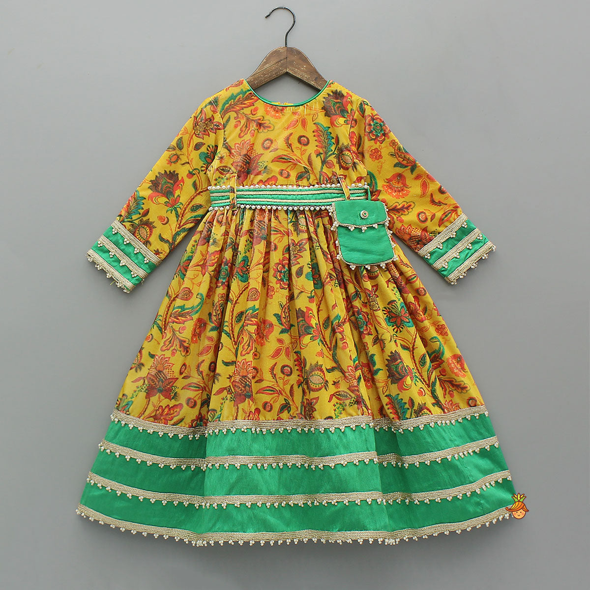 Printed Velvet Anarkali With Embroidered Pouch And Matching Hairband