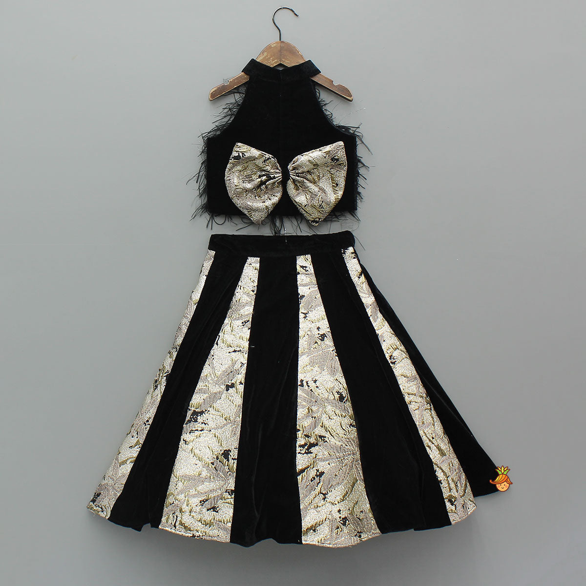 Halter Neck Fur Top And Gorgeous Dual-Tone Panelled Lehenga