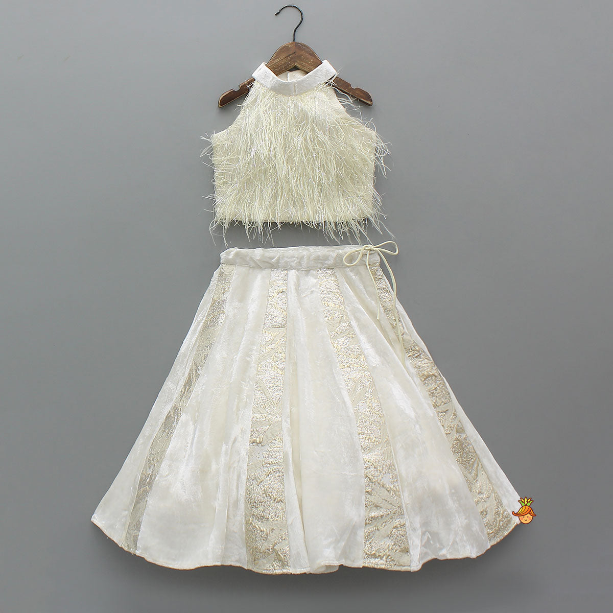 Halter Neck Fur Top And Gorgeous Panelled Lehenga