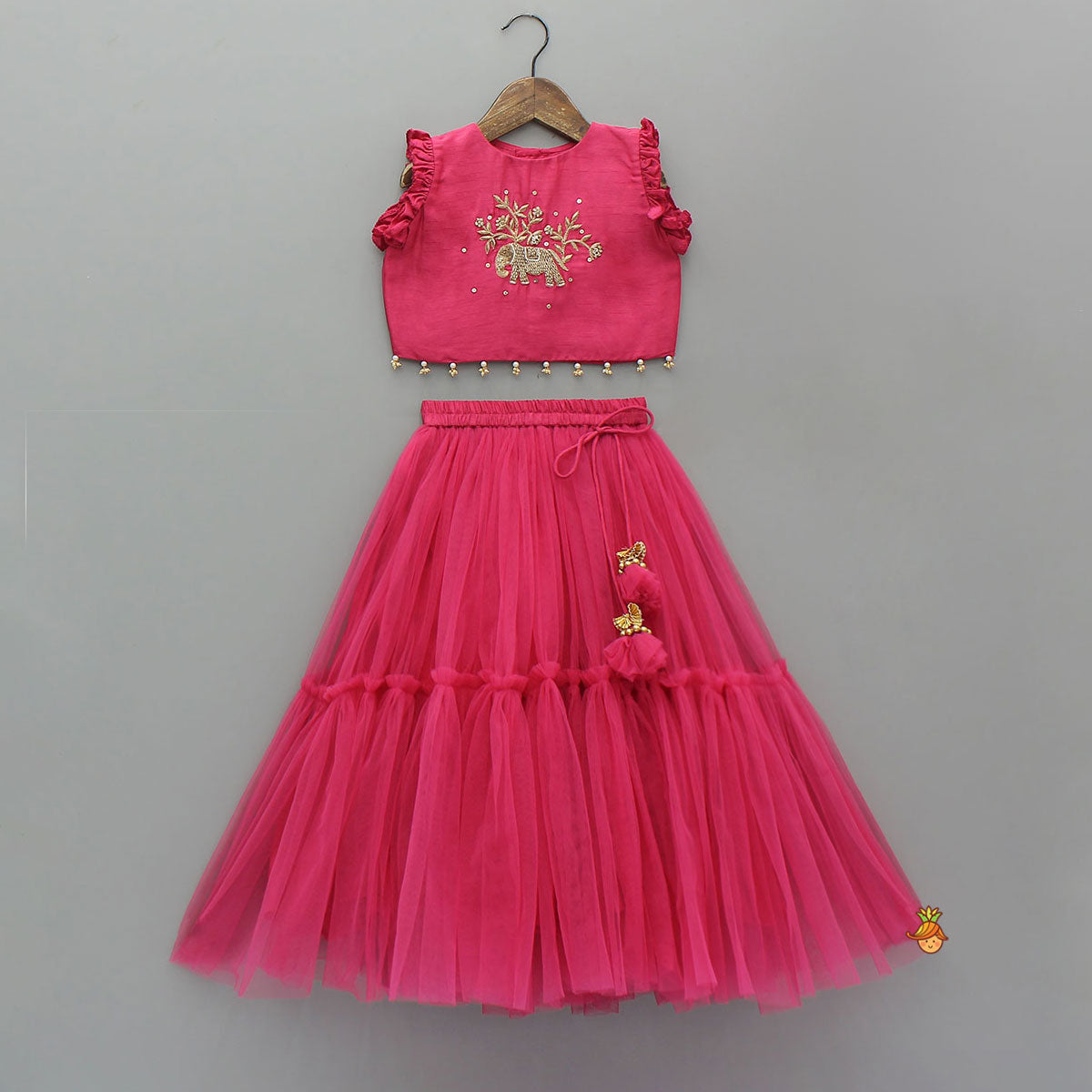 Animal Motif Embroidered Top And Net Lehenga With Matching Dupatta