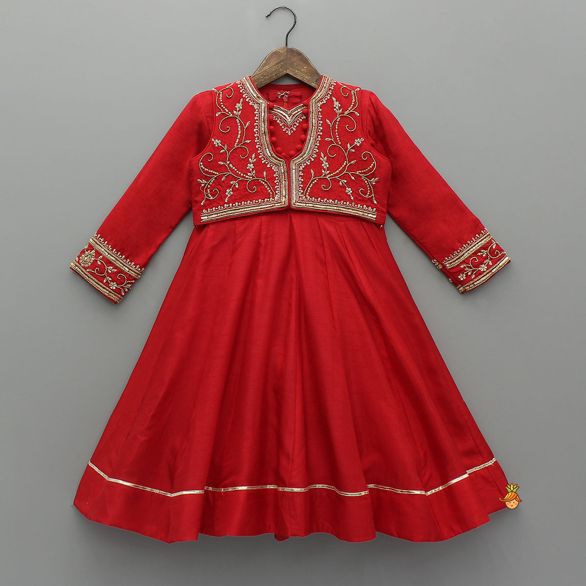 Embroidered Neckline Kurti With Potli Button Detail Jacket