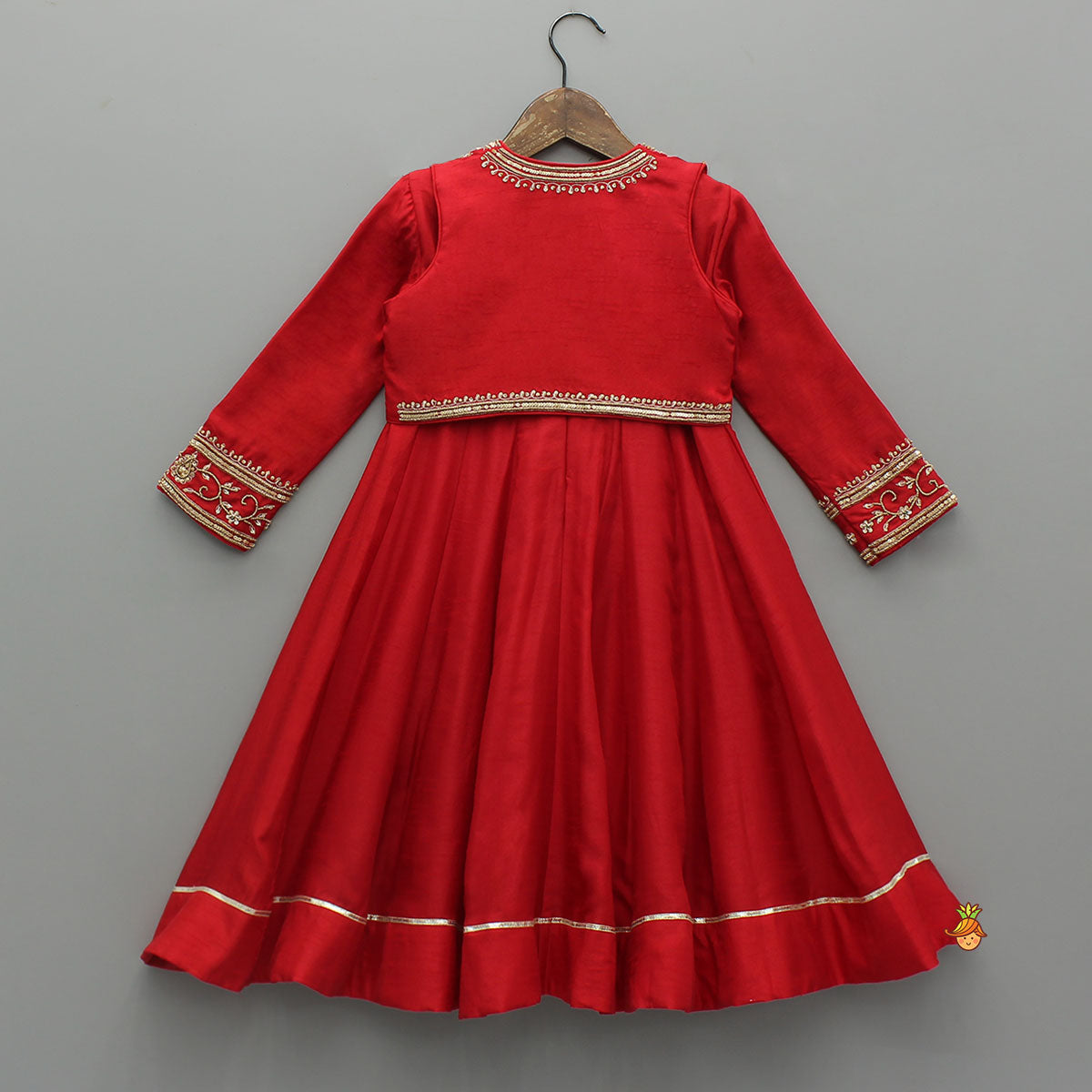 Embroidered Neckline Kurti With Potli Button Detail Jacket