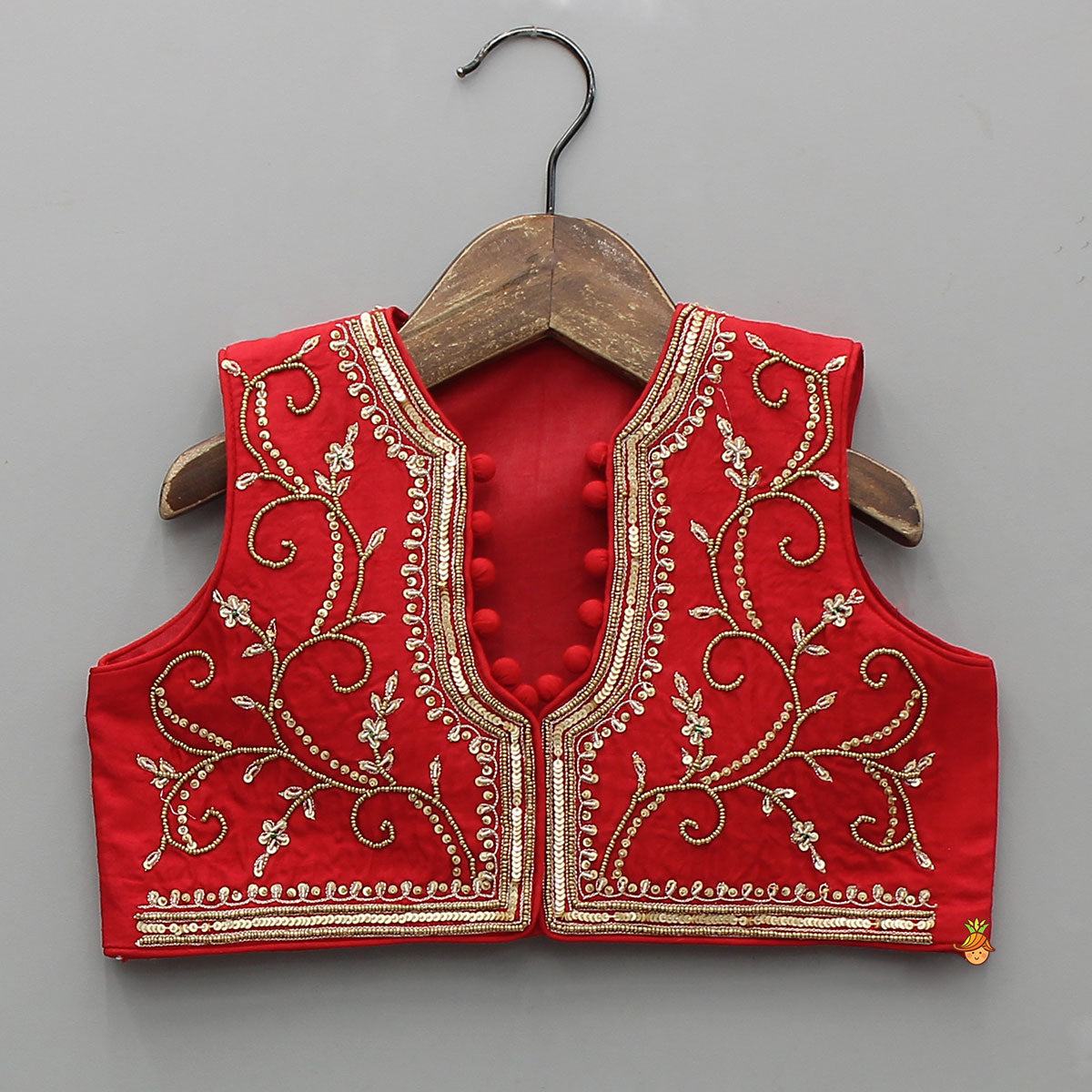 Embroidered Neckline Kurti With Potli Button Detail Jacket