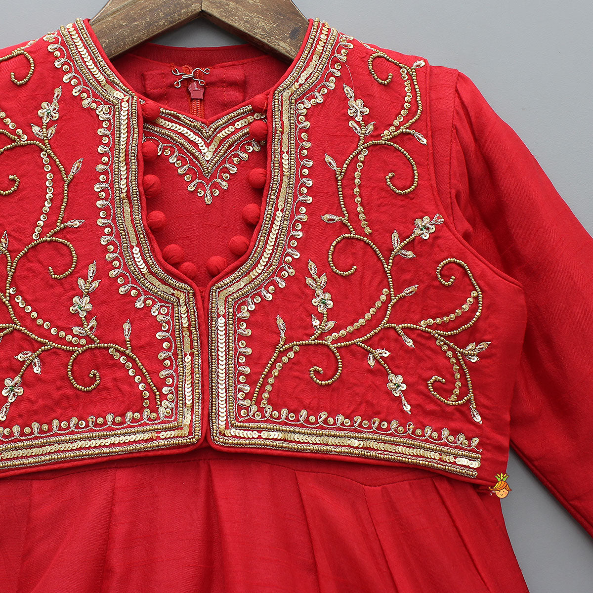 Embroidered Neckline Kurti With Potli Button Detail Jacket