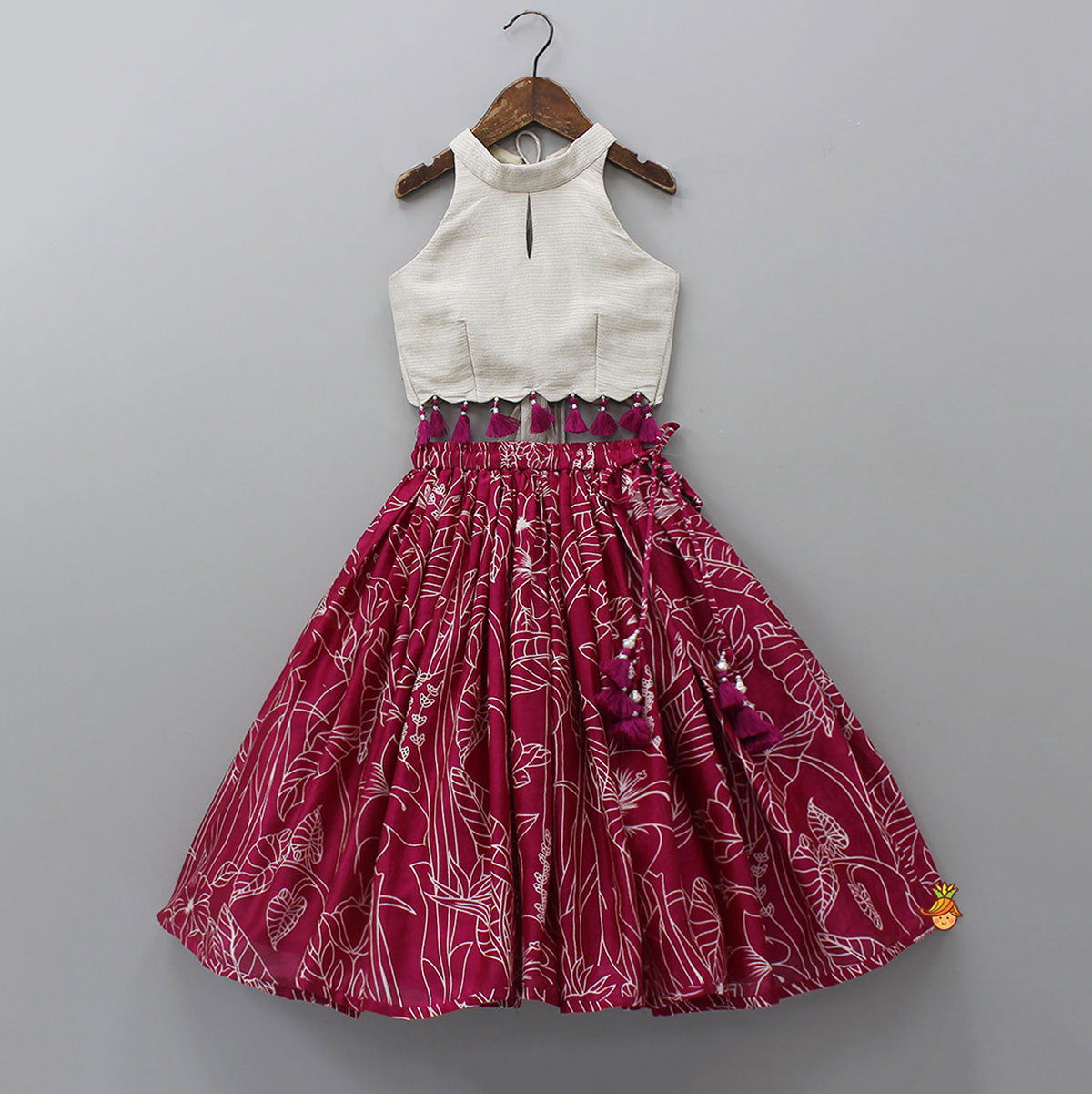 Halter Neck Fringe Detailed Top With Printed Lehenga